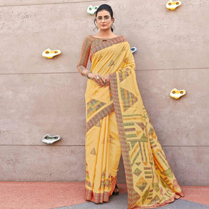 Yellow Casual Wear Geometric Printed Bhagalpuri Silk Saree - Peachmode