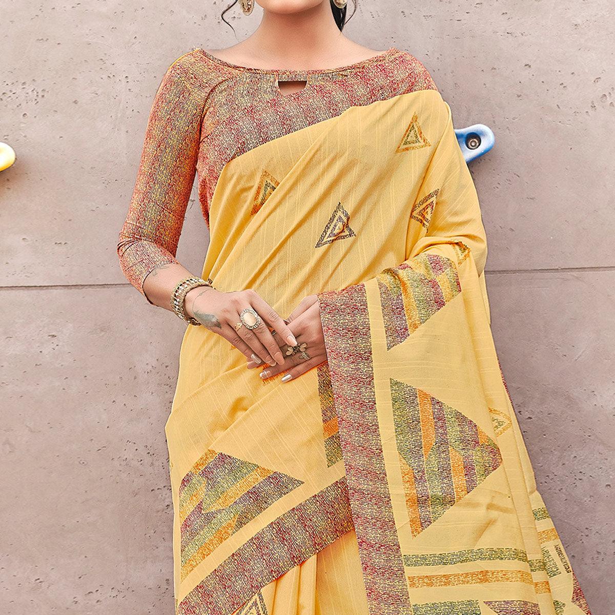 Yellow Casual Wear Geometric Printed Bhagalpuri Silk Saree - Peachmode