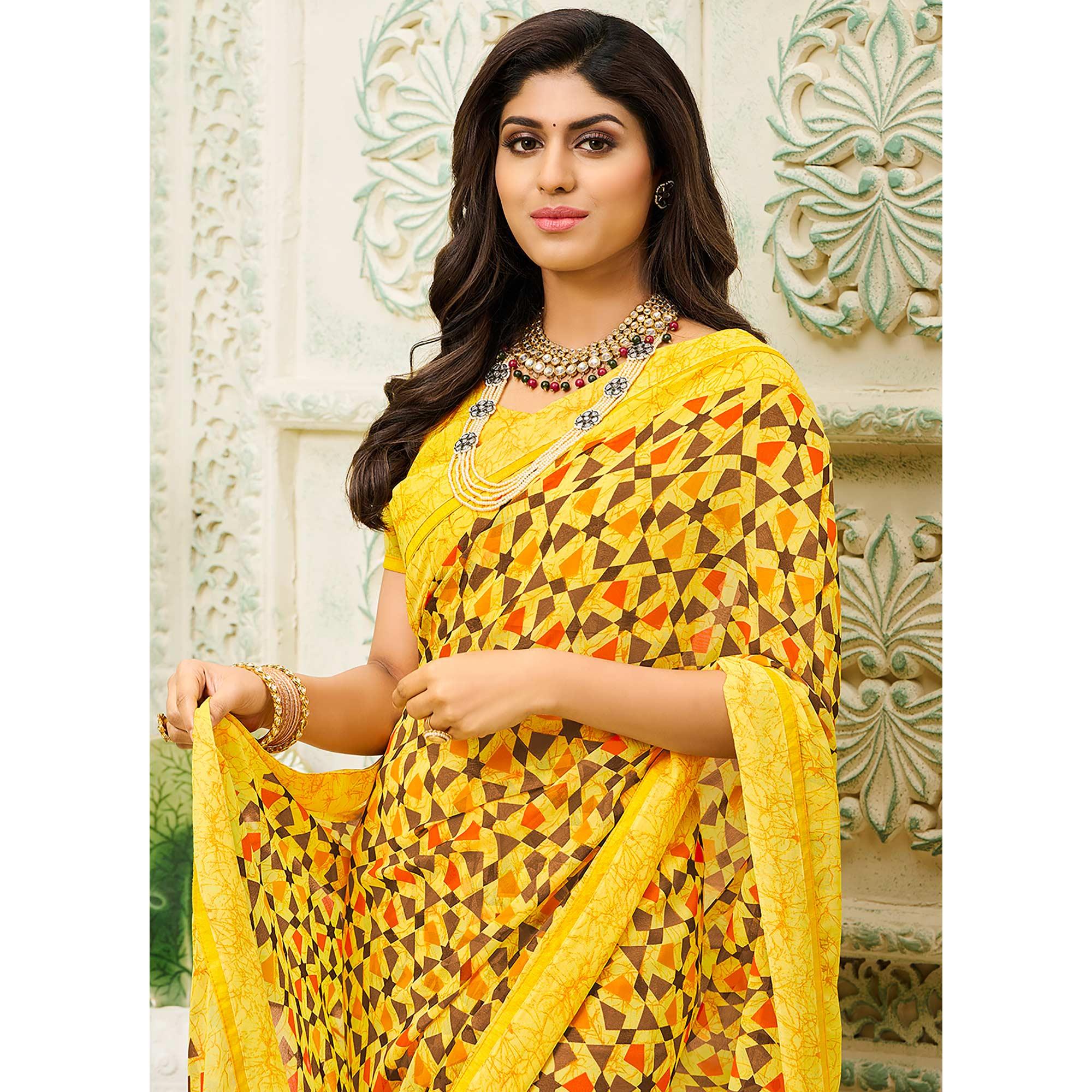 Yellow Casual Wear Geometric Printed Georgette Saree - Peachmode