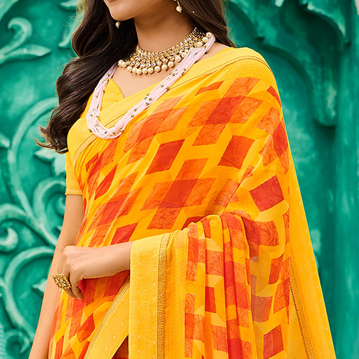 Yellow Casual Wear Geometric Printed Georgette Saree - Peachmode