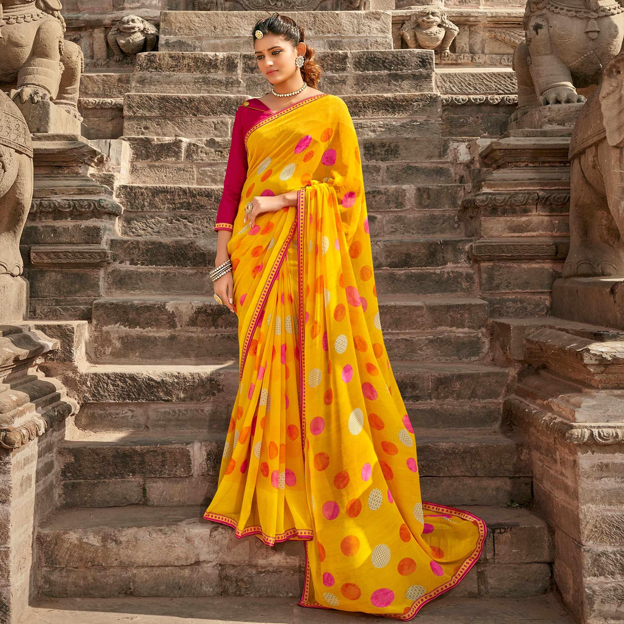 Yellow Casual Wear Geometric Printed Georgette Saree With Fancy Lace - Peachmode