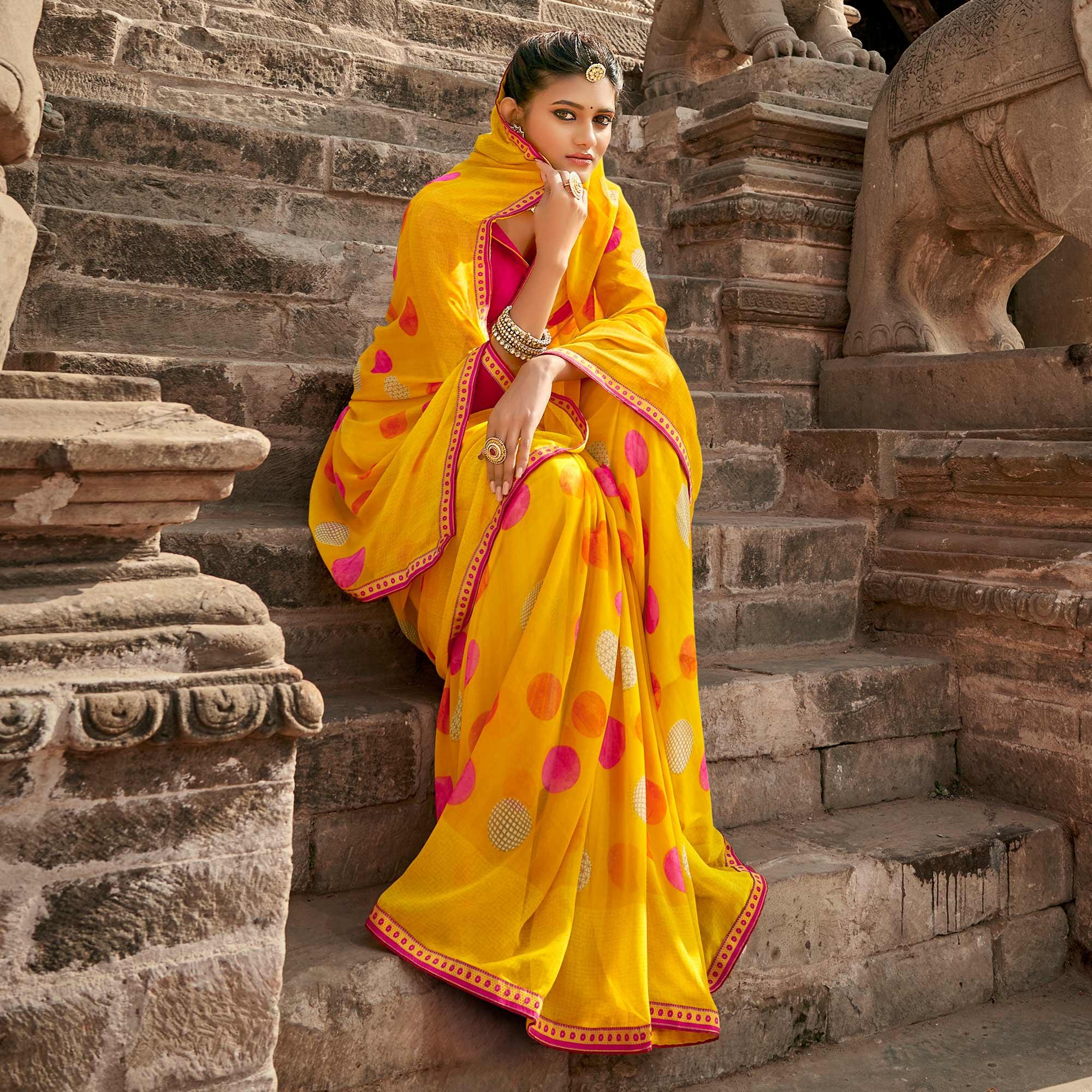Yellow Casual Wear Geometric Printed Georgette Saree With Fancy Lace - Peachmode