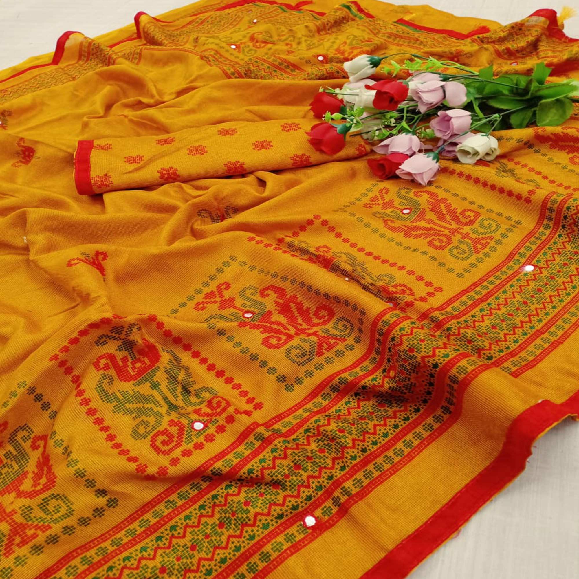 Yellow Casual Wear Print With Mirror Work Jute Saree - Peachmode