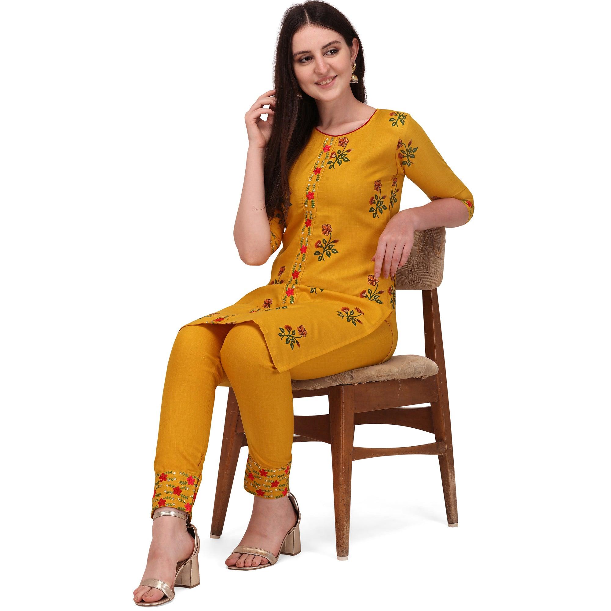Yellow Casual Wear Printed & Embroidered Ruby Cotton Kurti Pant Set - Peachmode