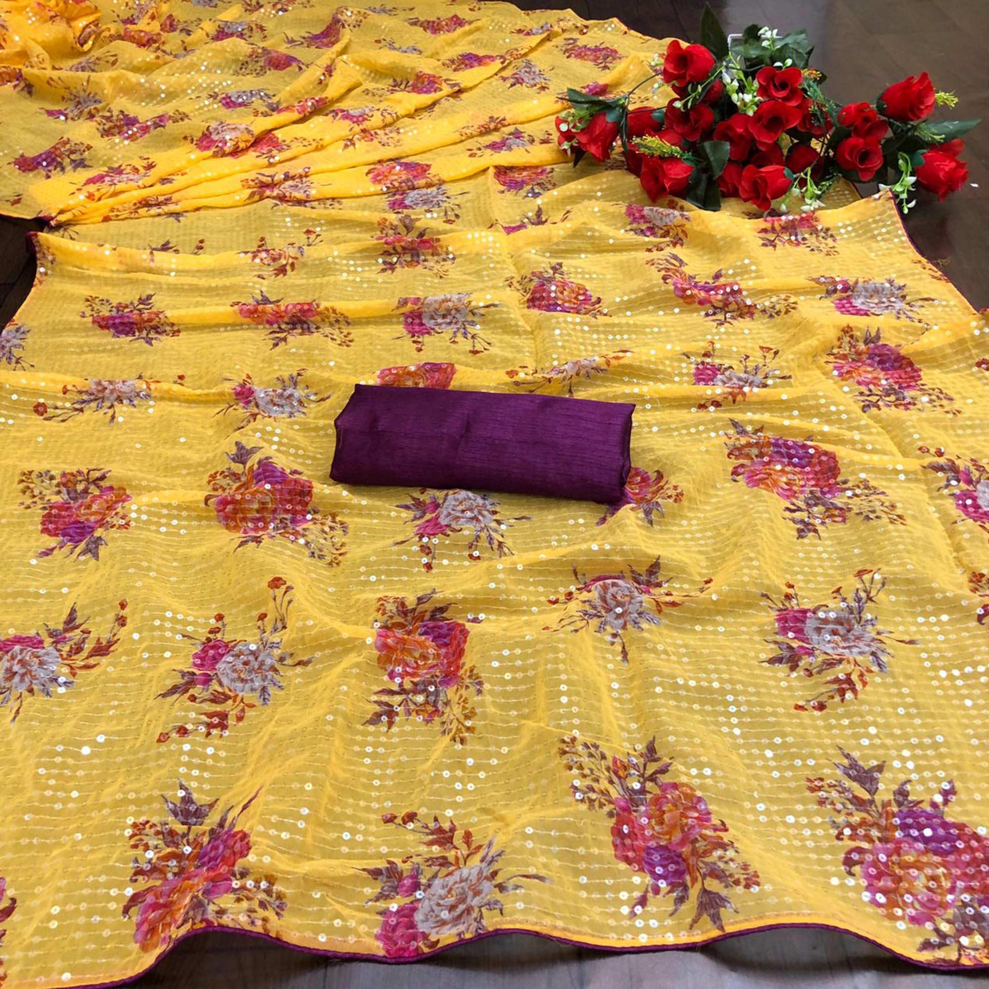 Yellow Casual Wear Printed & Sequence Work Heavy Georgette Saree - Peachmode
