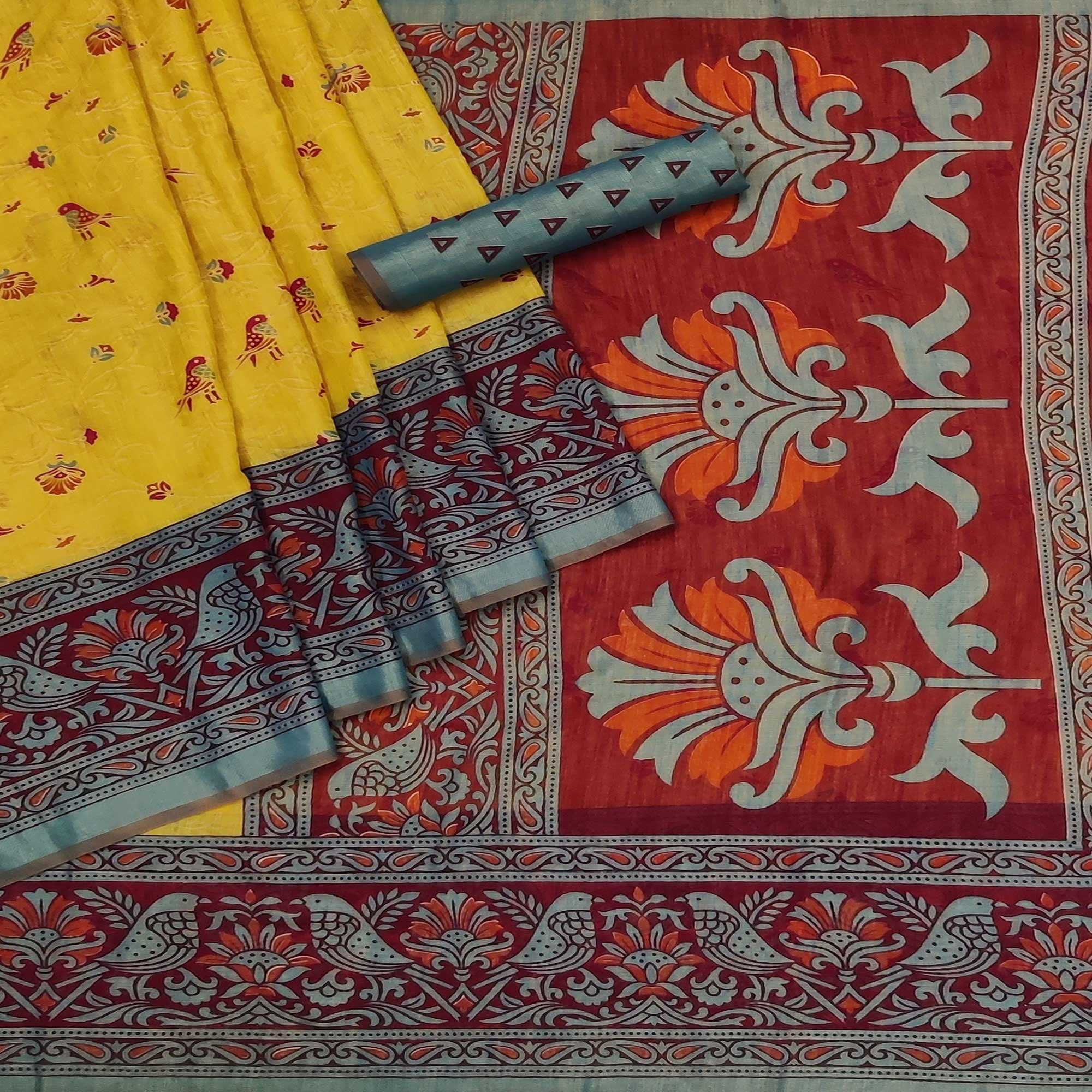 Yellow Casual Wear Printed Art Silk Saree - Peachmode