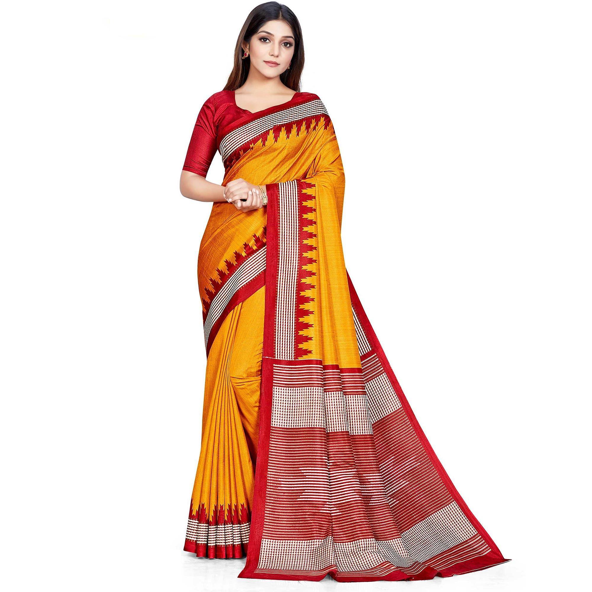 Yellow Casual Wear Printed Art Silk Saree - Peachmode