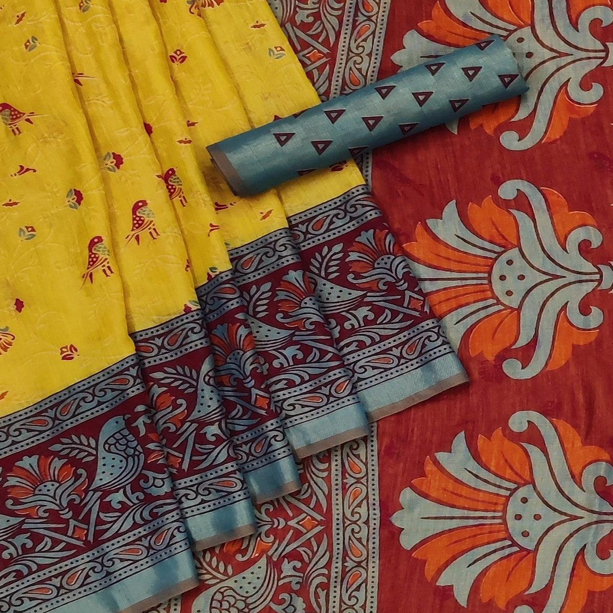 Yellow Casual Wear Printed Art Silk Saree - Peachmode