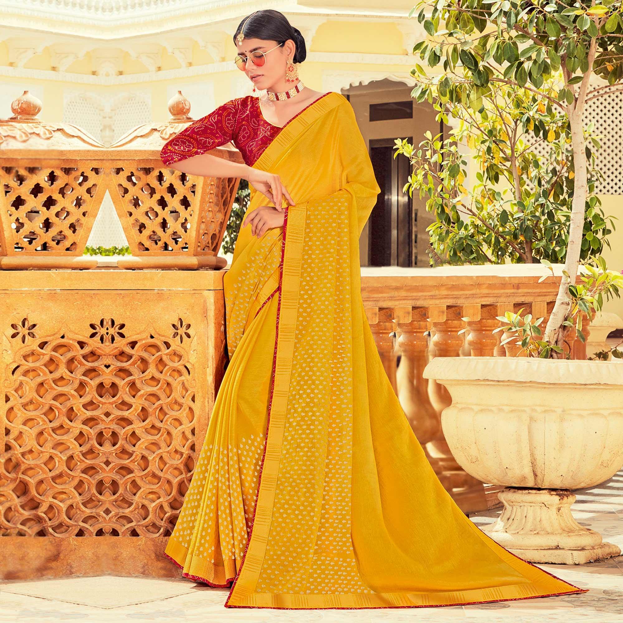 Yellow Casual Wear Printed Brasso Saree - Peachmode