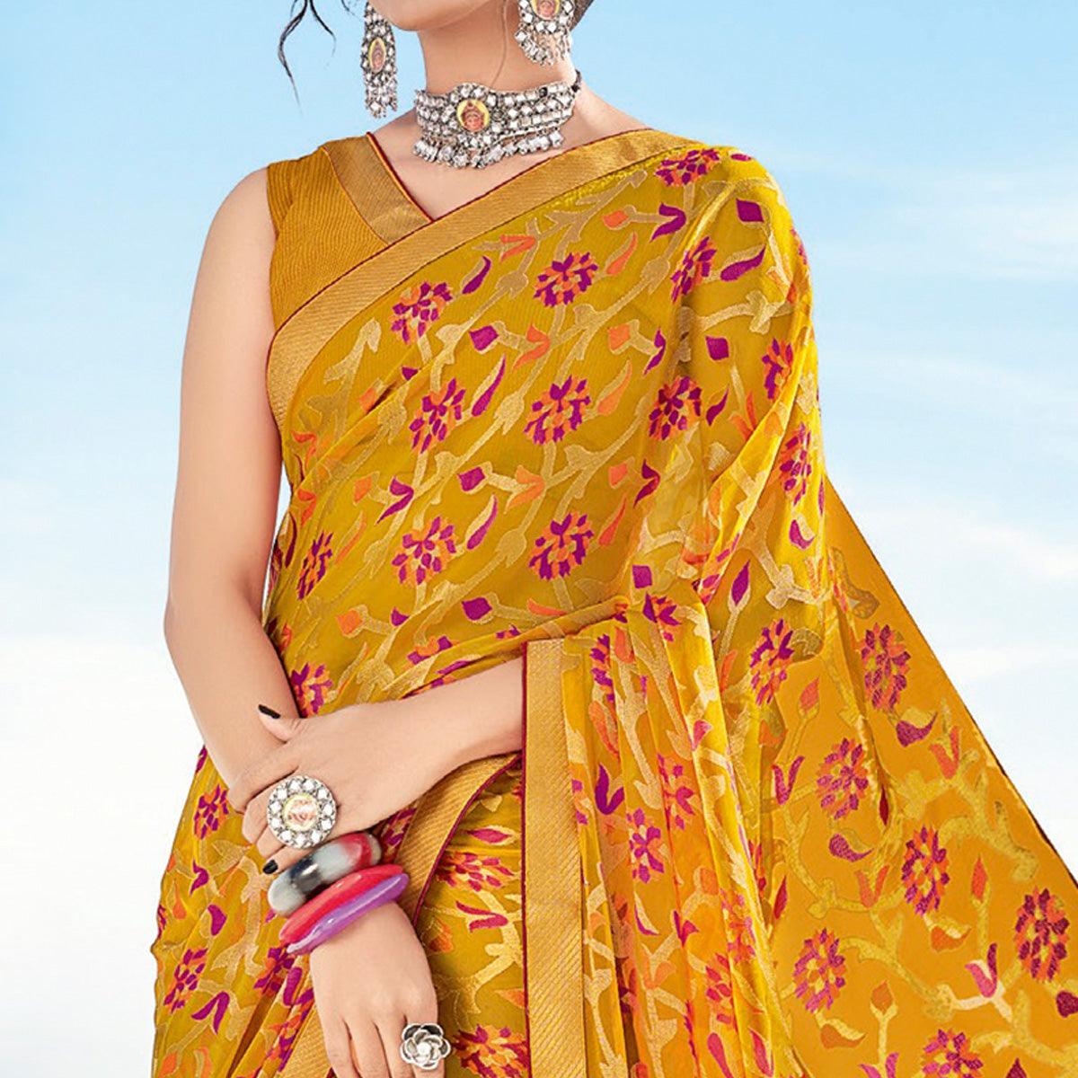 Yellow Casual Wear Printed Brasso Saree - Peachmode