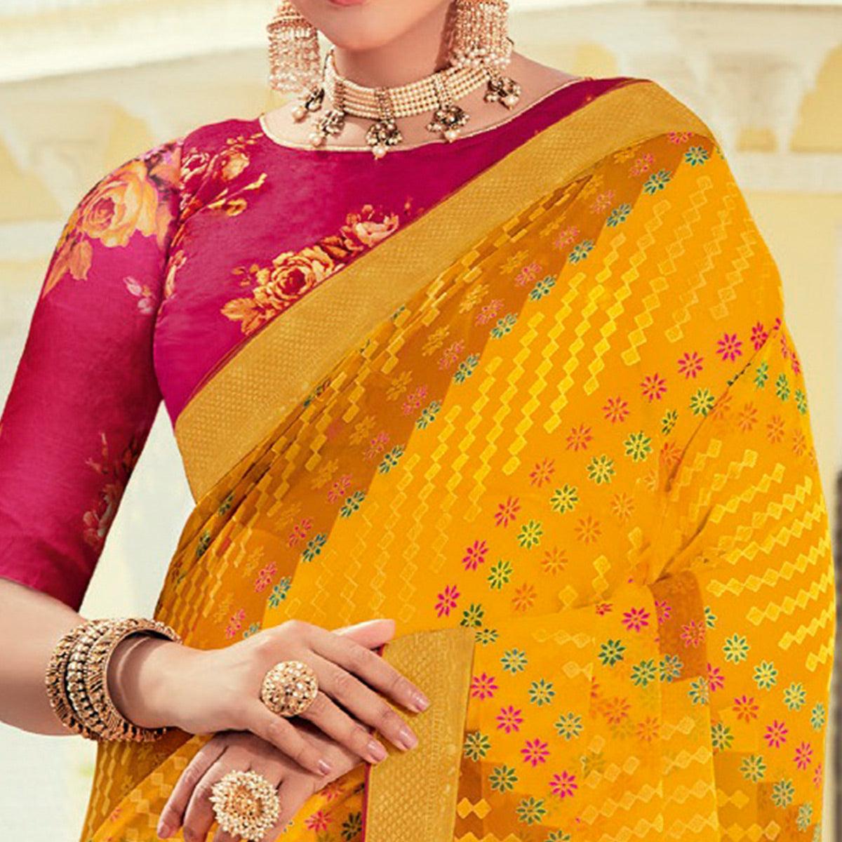 Yellow Casual Wear Printed Brasso Saree - Peachmode