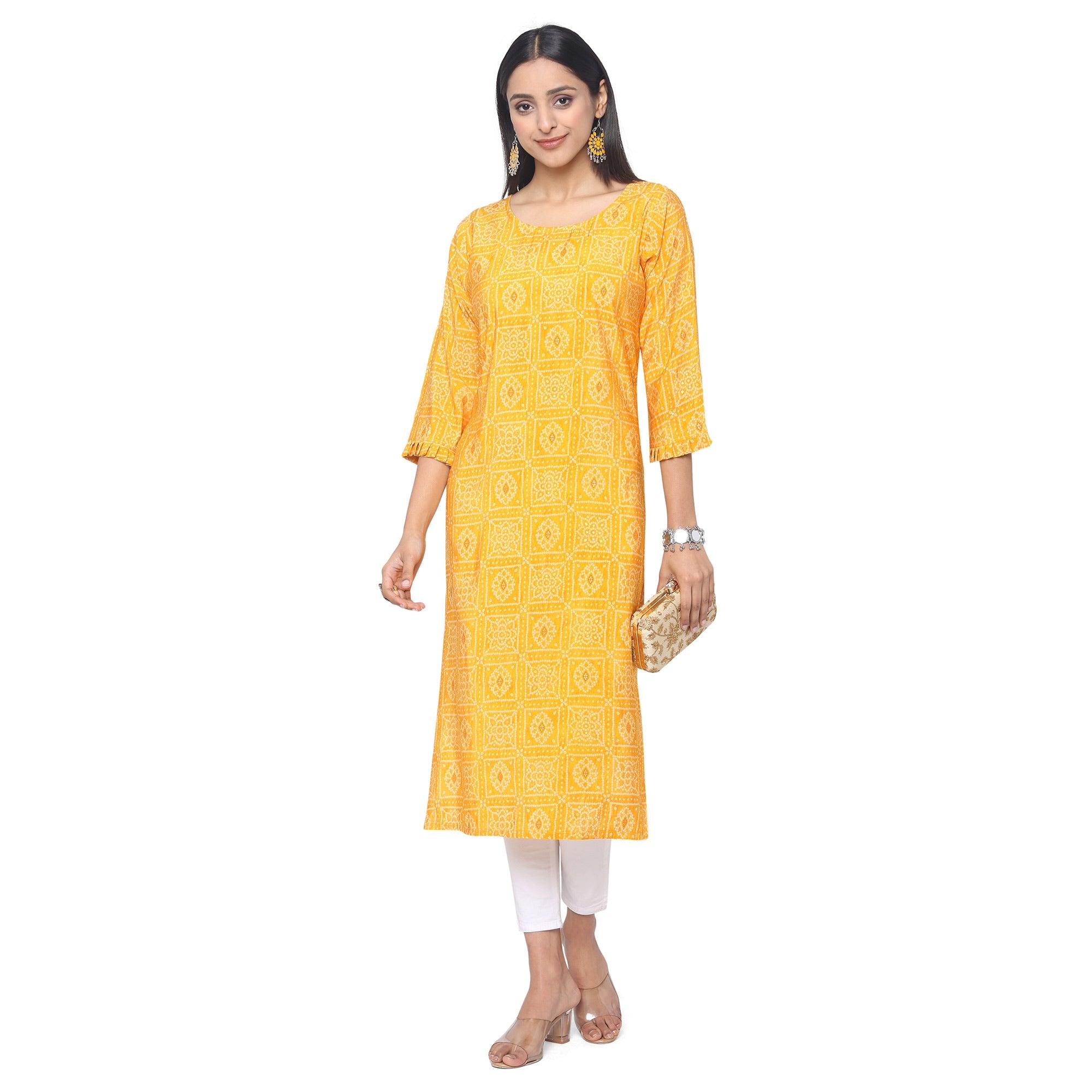 Yellow Casual Wear Printed Chanderi Silk Kurti - Peachmode