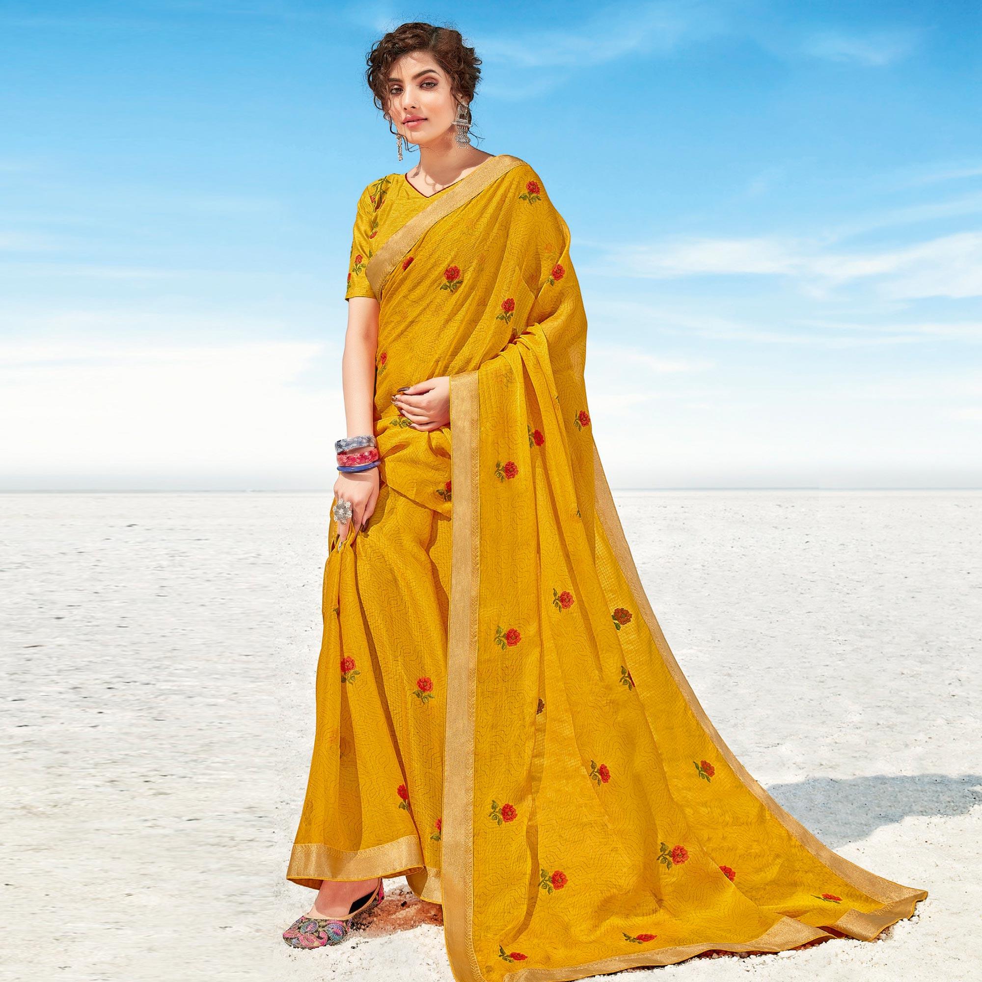Yellow Casual Wear Printed Chiffon Saree - Peachmode