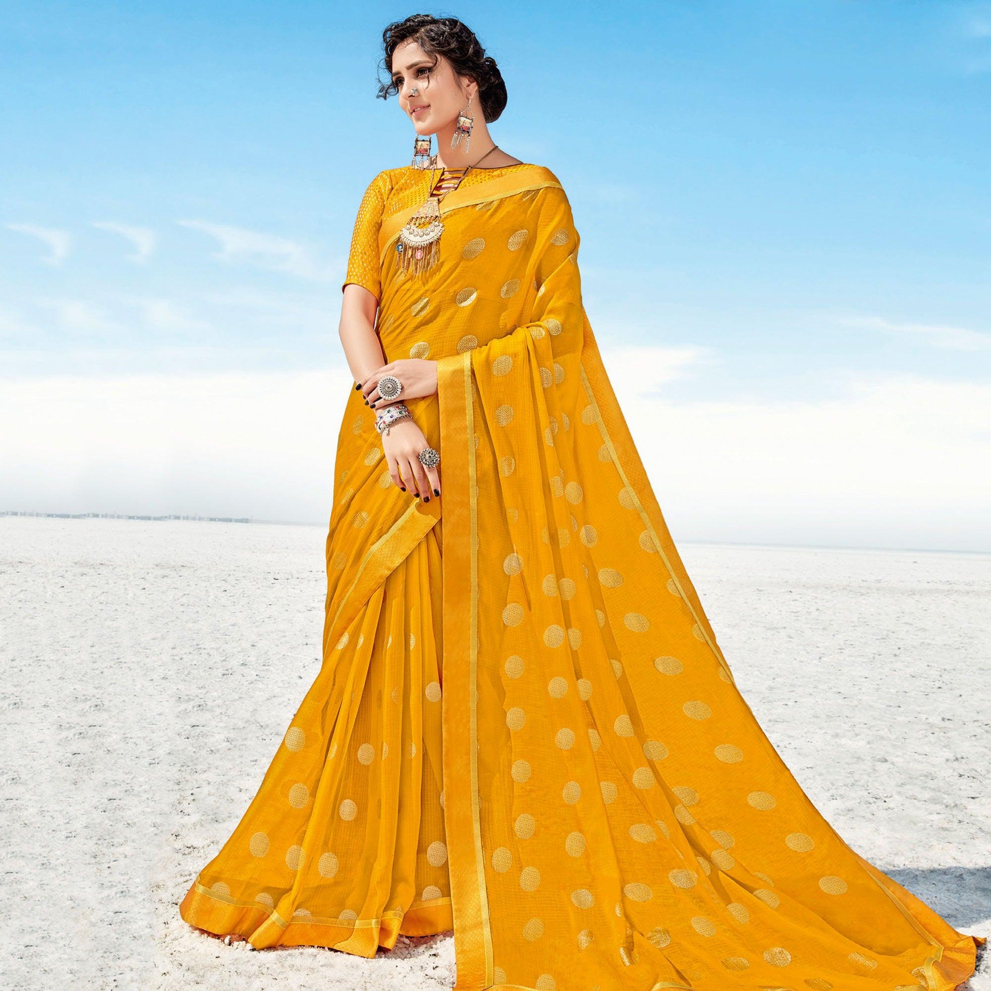 Yellow Casual Wear Printed Chiffon Saree - Peachmode