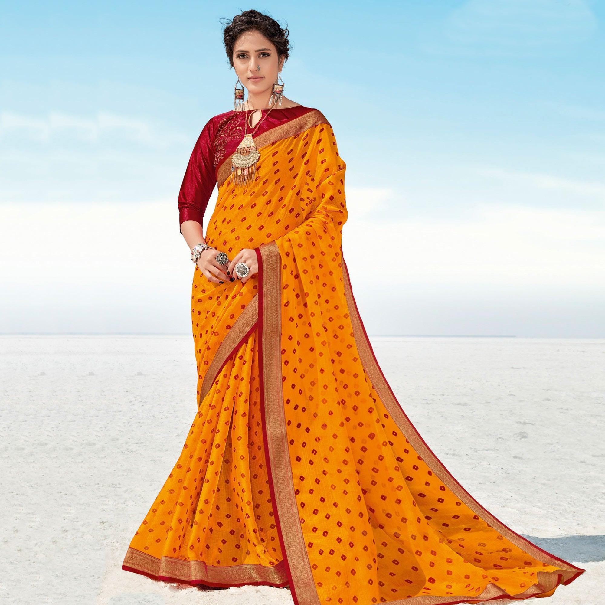 Yellow Casual Wear Printed Chiffon Saree - Peachmode