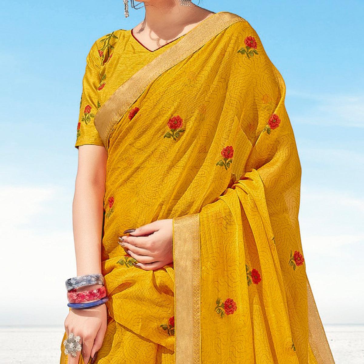 Yellow Casual Wear Printed Chiffon Saree - Peachmode