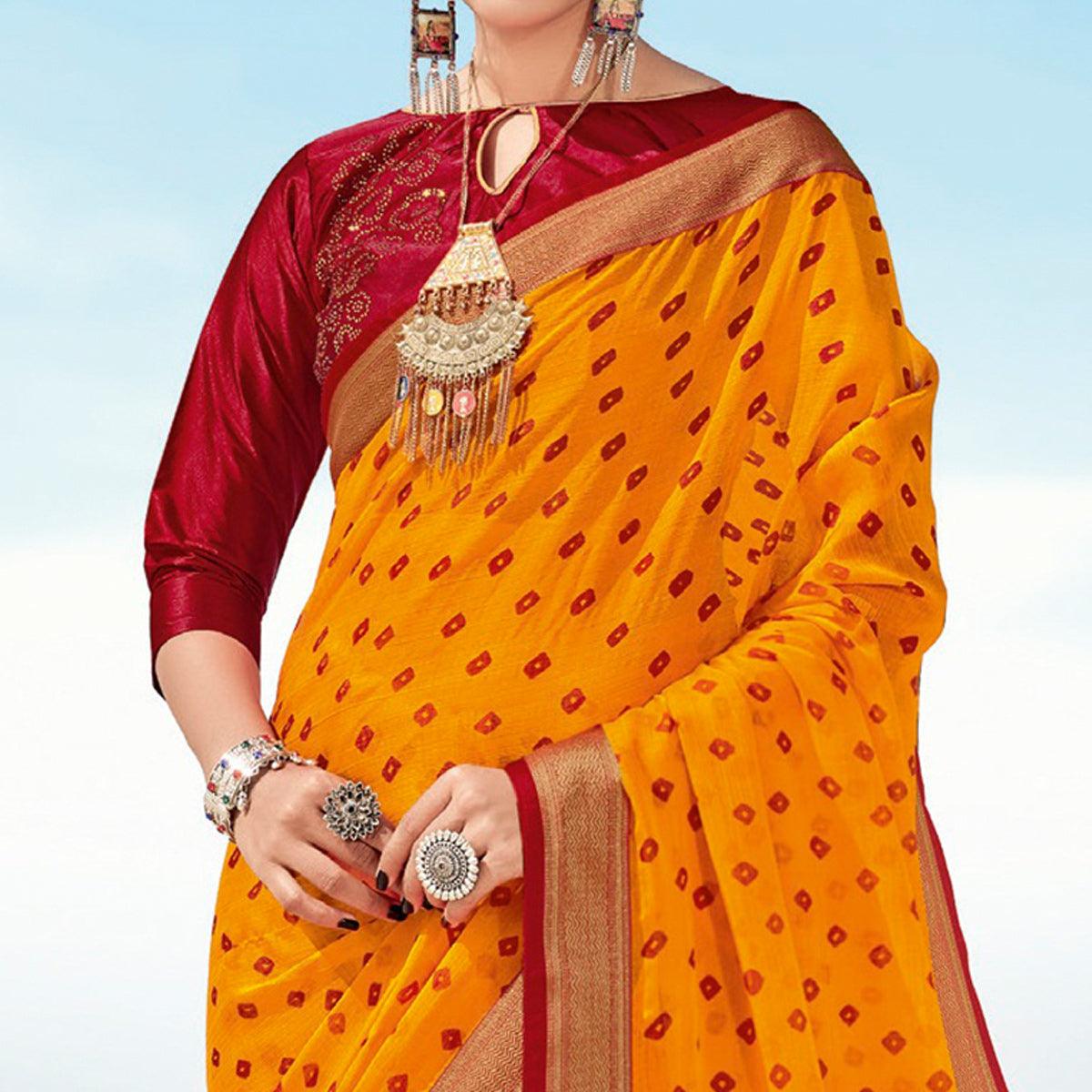 Yellow Casual Wear Printed Chiffon Saree - Peachmode
