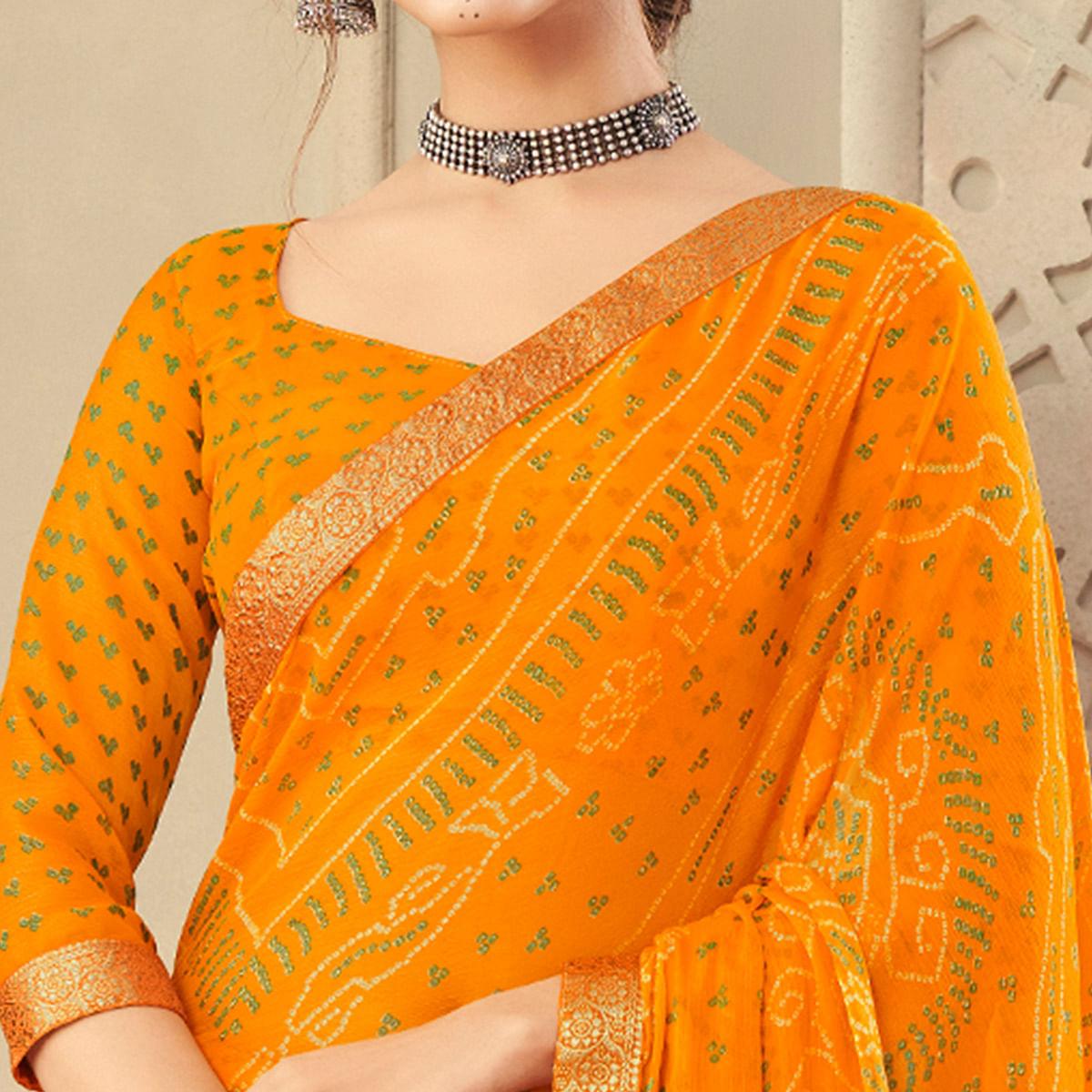 Yellow Casual Wear Printed Chiffon Saree with Banarasi Border - Peachmode