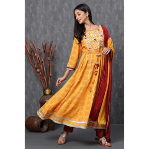 Yellow Casual Wear Printed Cotton Anarkali Suit - Peachmode