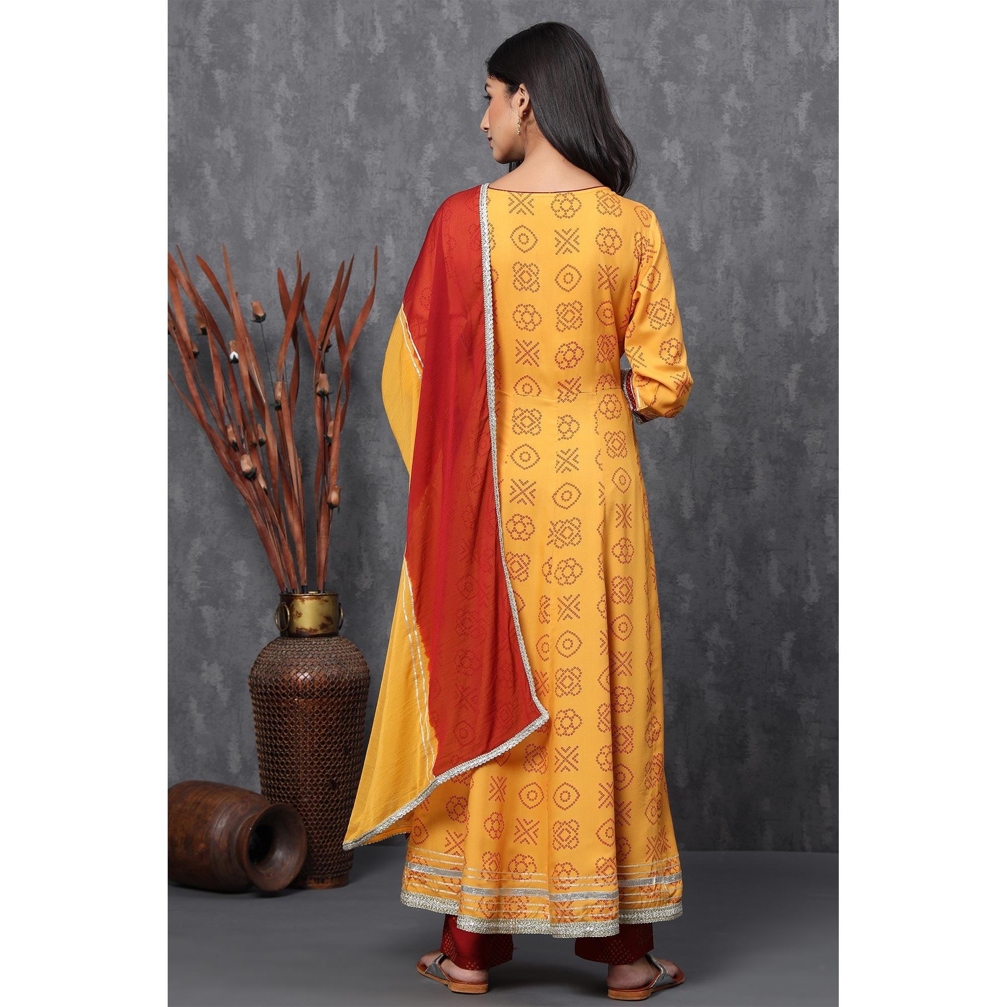 Yellow Casual Wear Printed Cotton Anarkali Suit - Peachmode