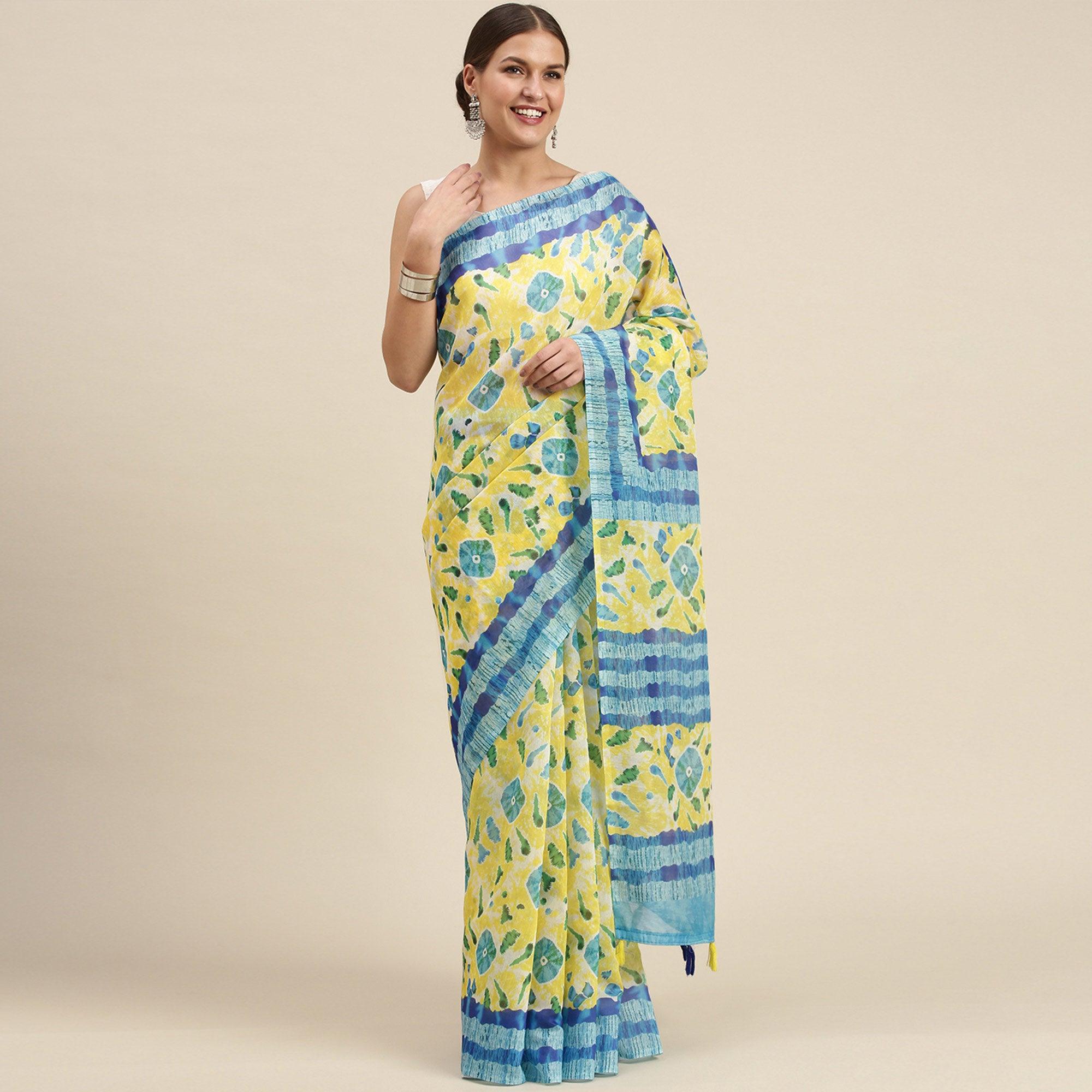 Yellow Casual Wear Printed Cotton Blend Saree With Tassels - Peachmode