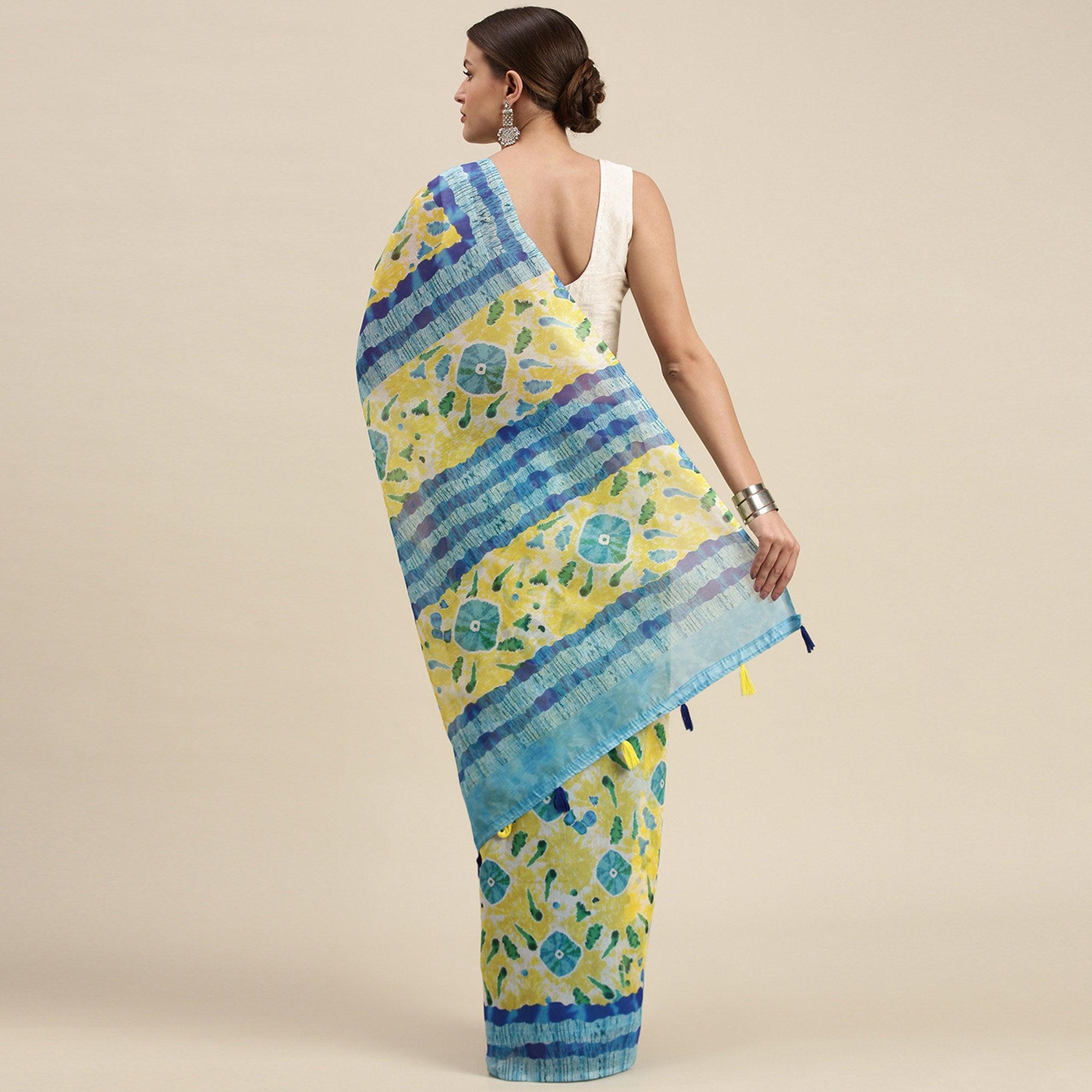 Yellow Casual Wear Printed Cotton Blend Saree With Tassels - Peachmode