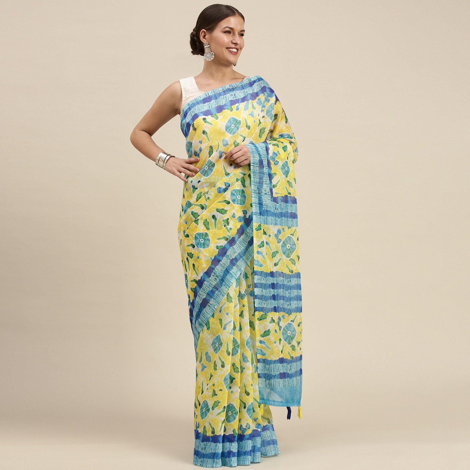 Yellow Casual Wear Printed Cotton Blend Saree With Tassels - Peachmode