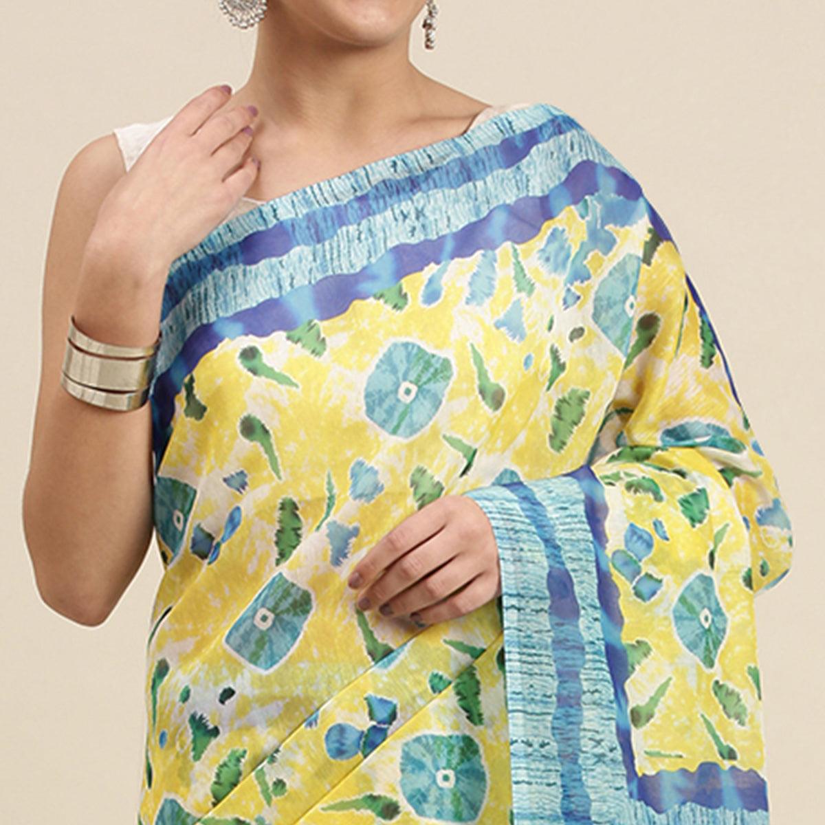 Yellow Casual Wear Printed Cotton Blend Saree With Tassels - Peachmode