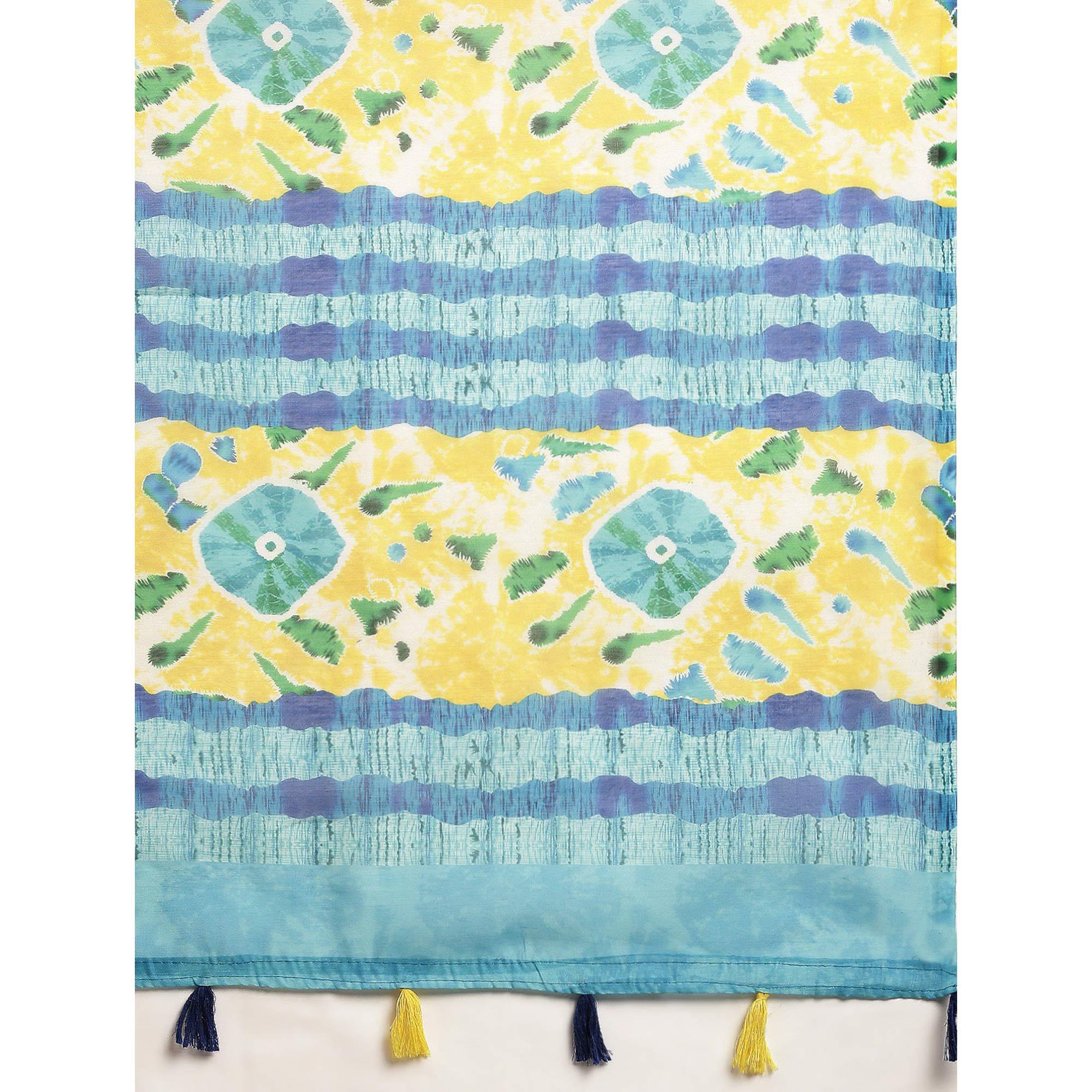 Yellow Casual Wear Printed Cotton Blend Saree With Tassels - Peachmode