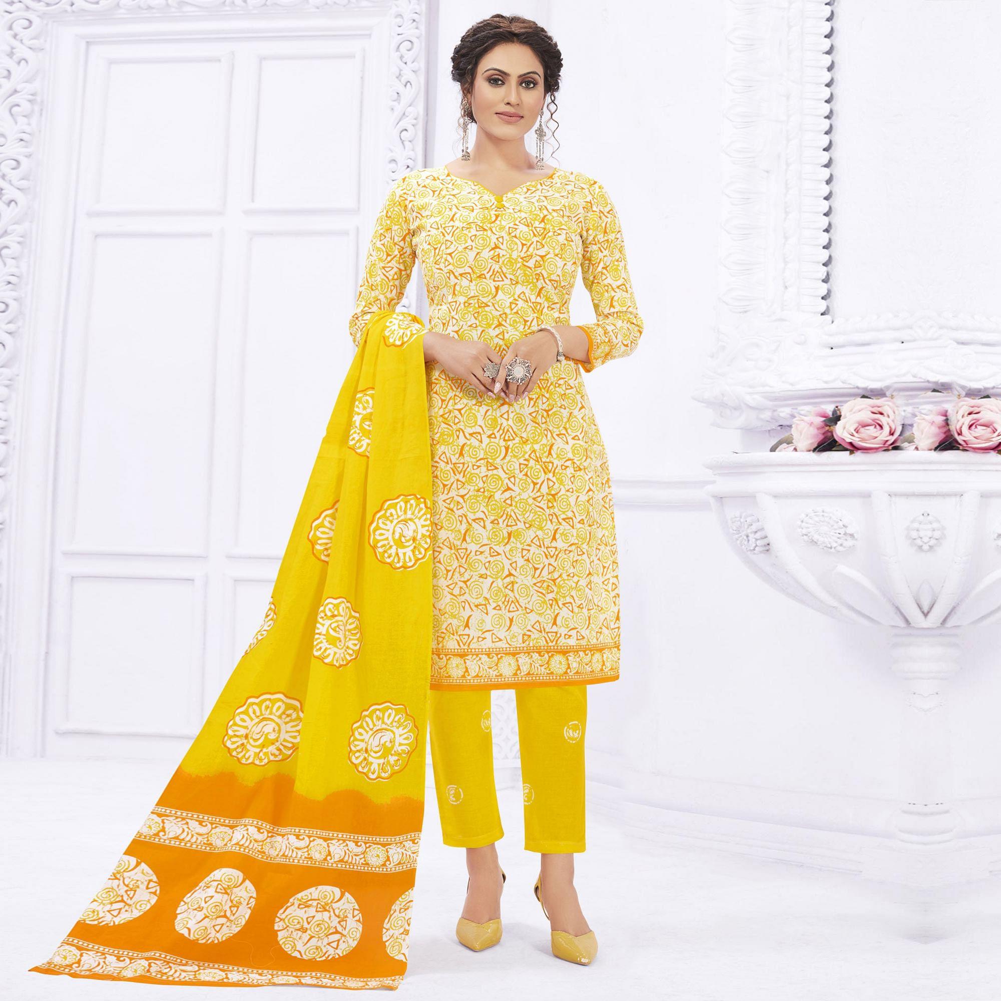 Yellow Casual Wear Printed Cotton Dress Material - Peachmode