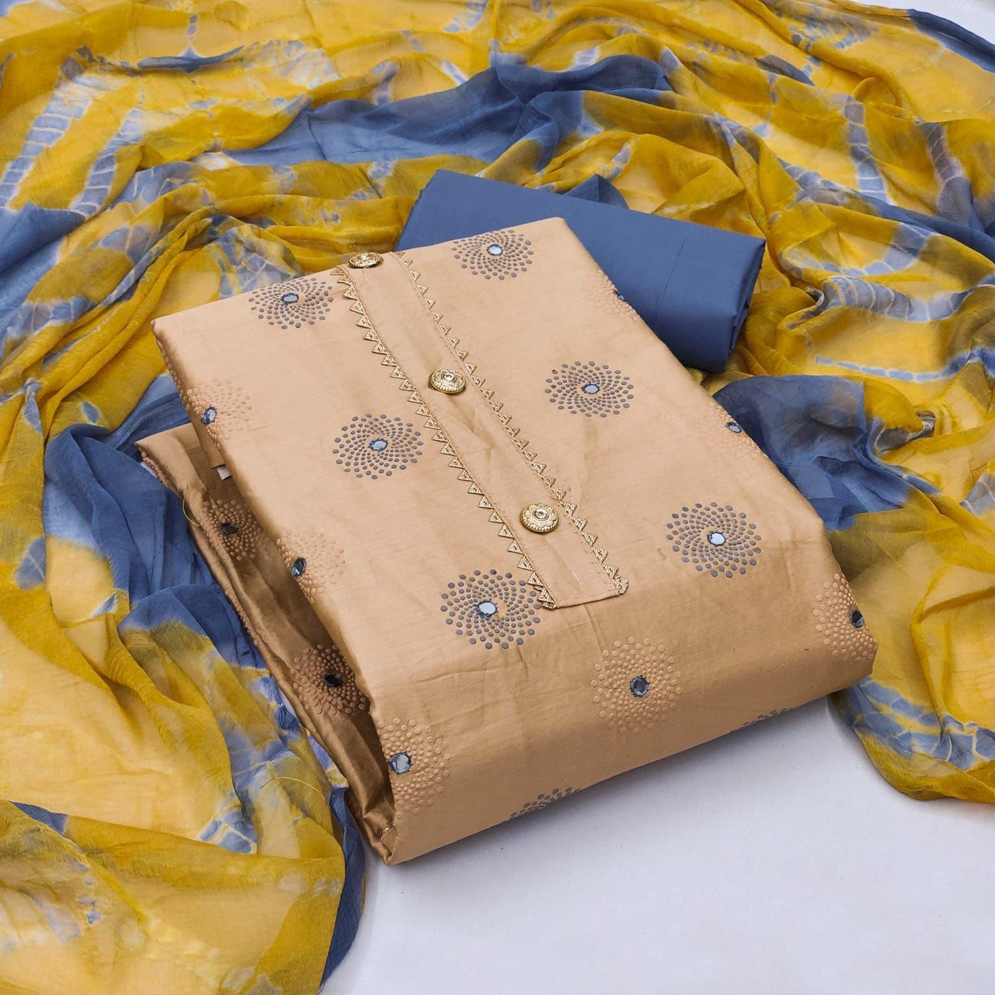 Yellow Casual Wear Printed Cotton Dress Material - Peachmode