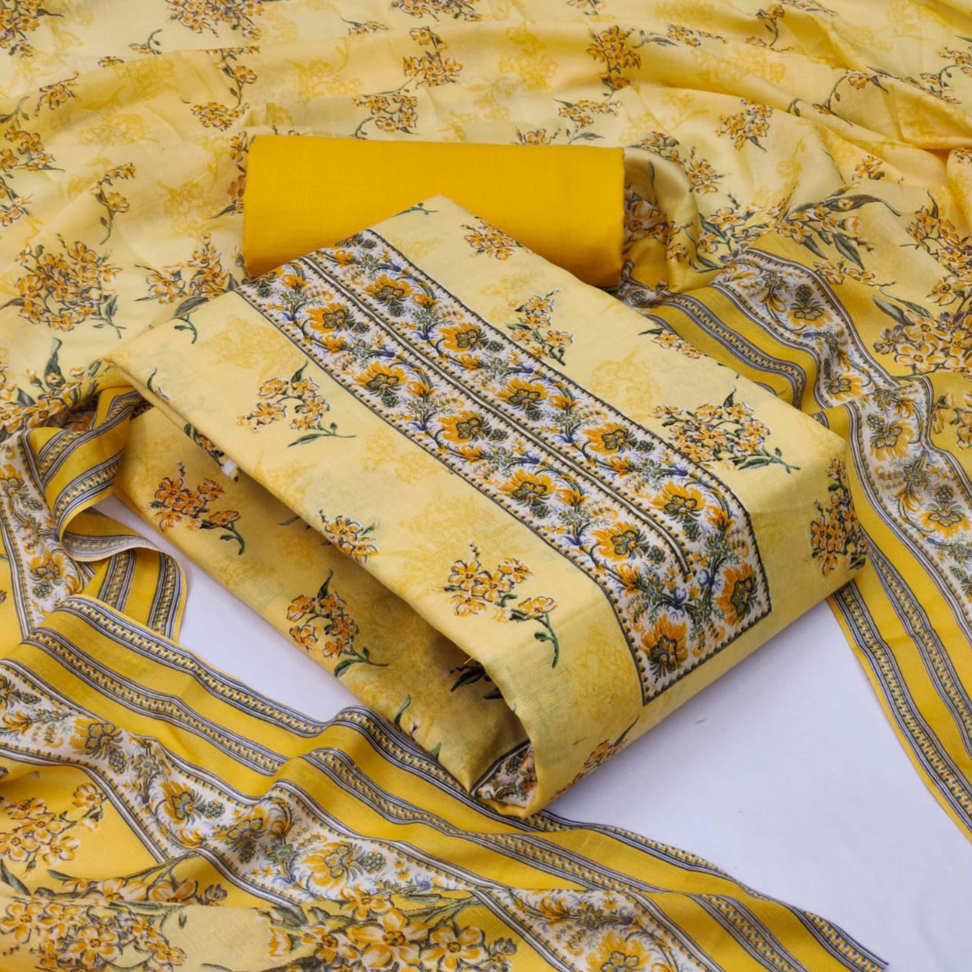 Yellow Casual Wear Printed Cotton Dress Material - Peachmode