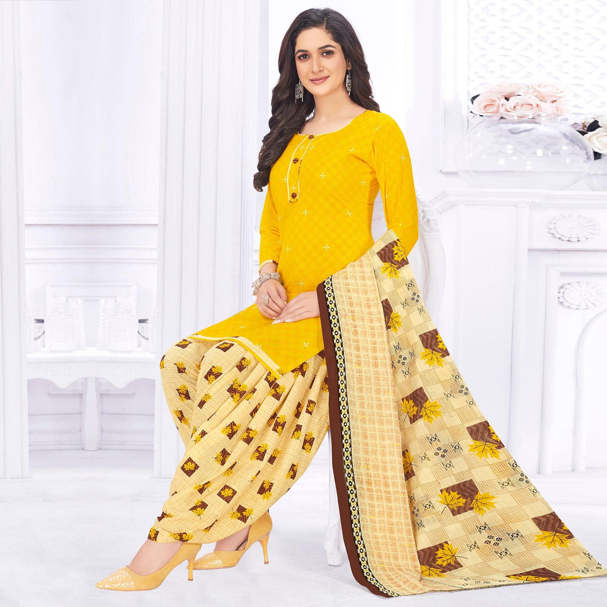 Yellow Casual Wear Printed Cotton Dress Material - Peachmode