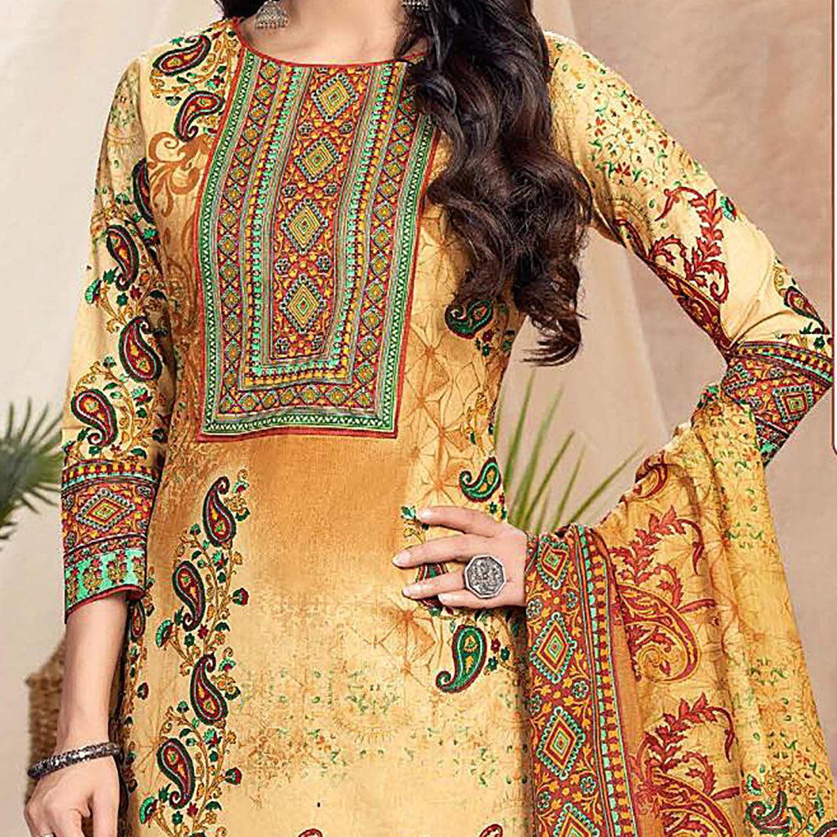 Yellow Casual Wear Printed Cotton Dress Material - Peachmode