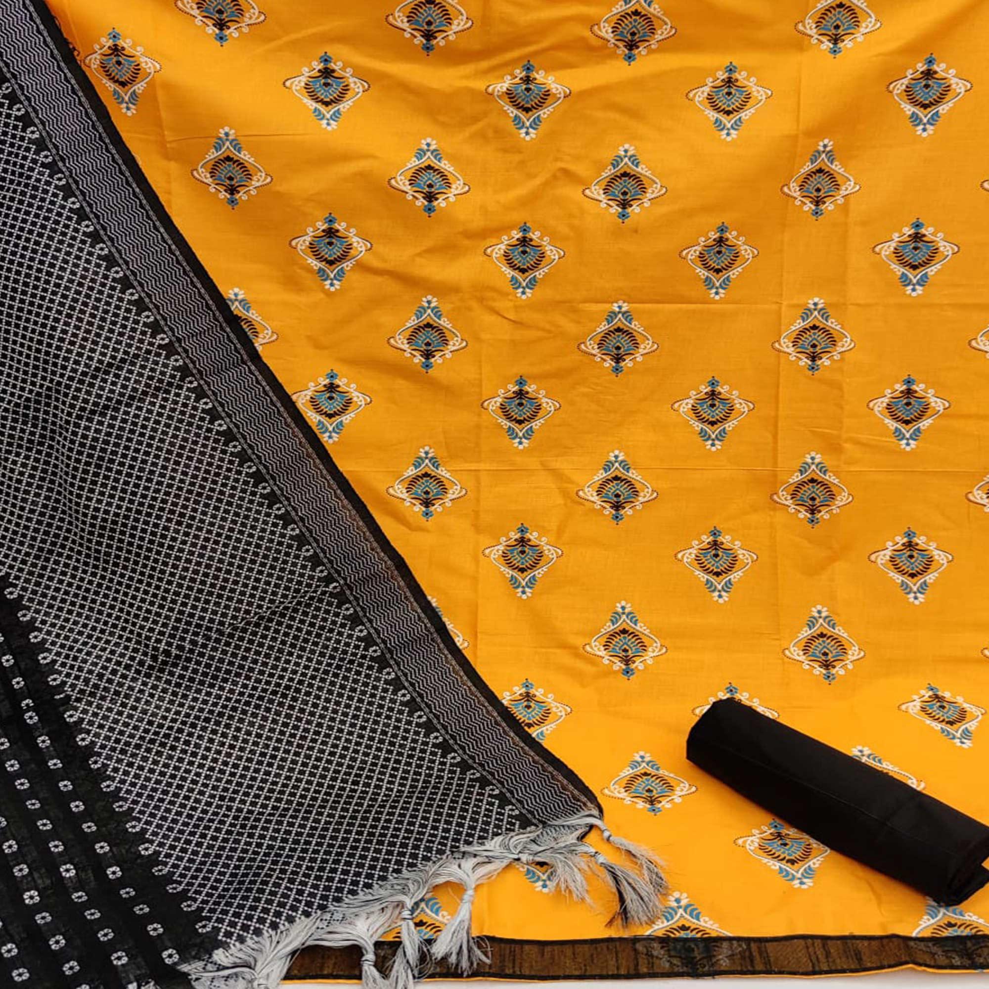 Yellow Casual Wear Printed Cotton Dress Material - Peachmode