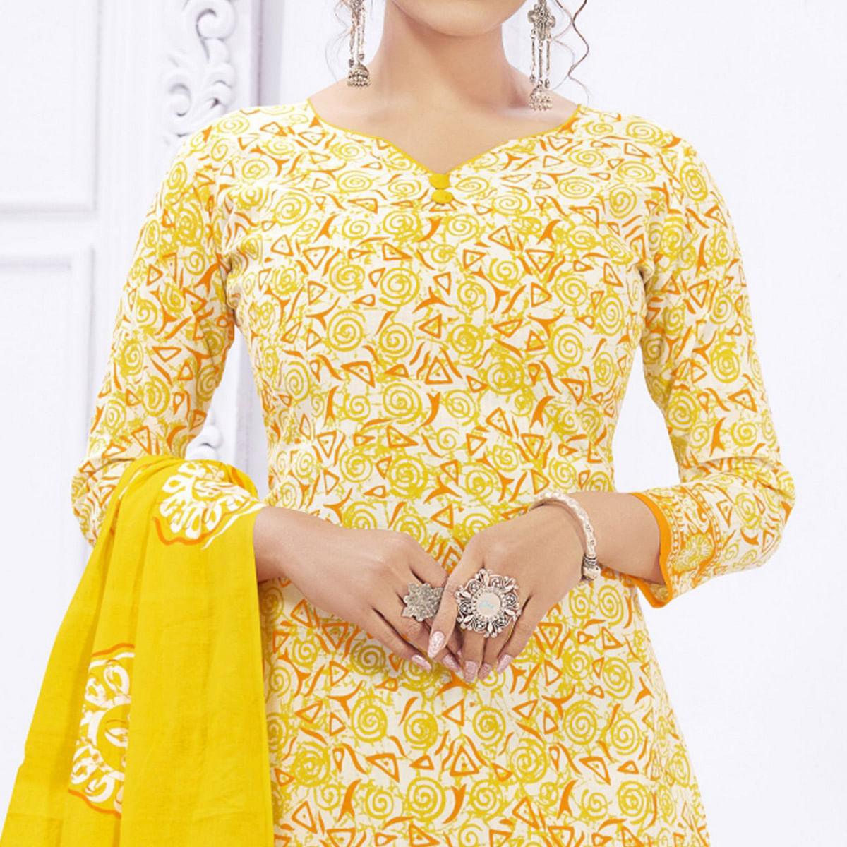 Yellow Casual Wear Printed Cotton Dress Material - Peachmode