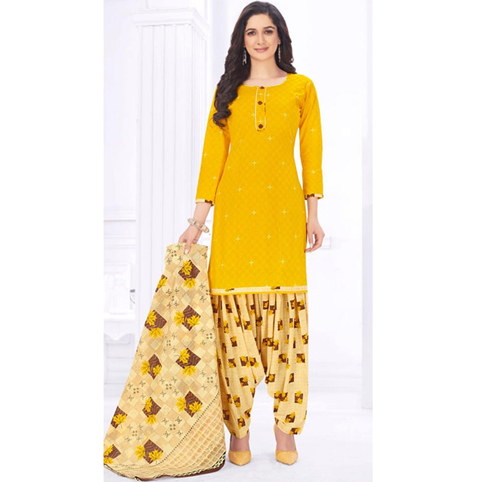 Yellow Casual Wear Printed Cotton Dress Material - Peachmode