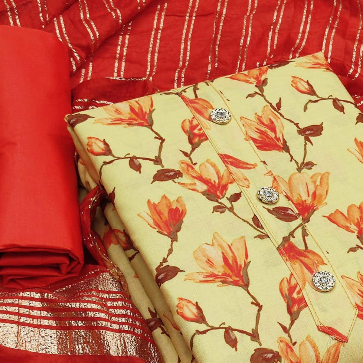 Yellow Casual Wear printed Cotton Dress Material - Peachmode