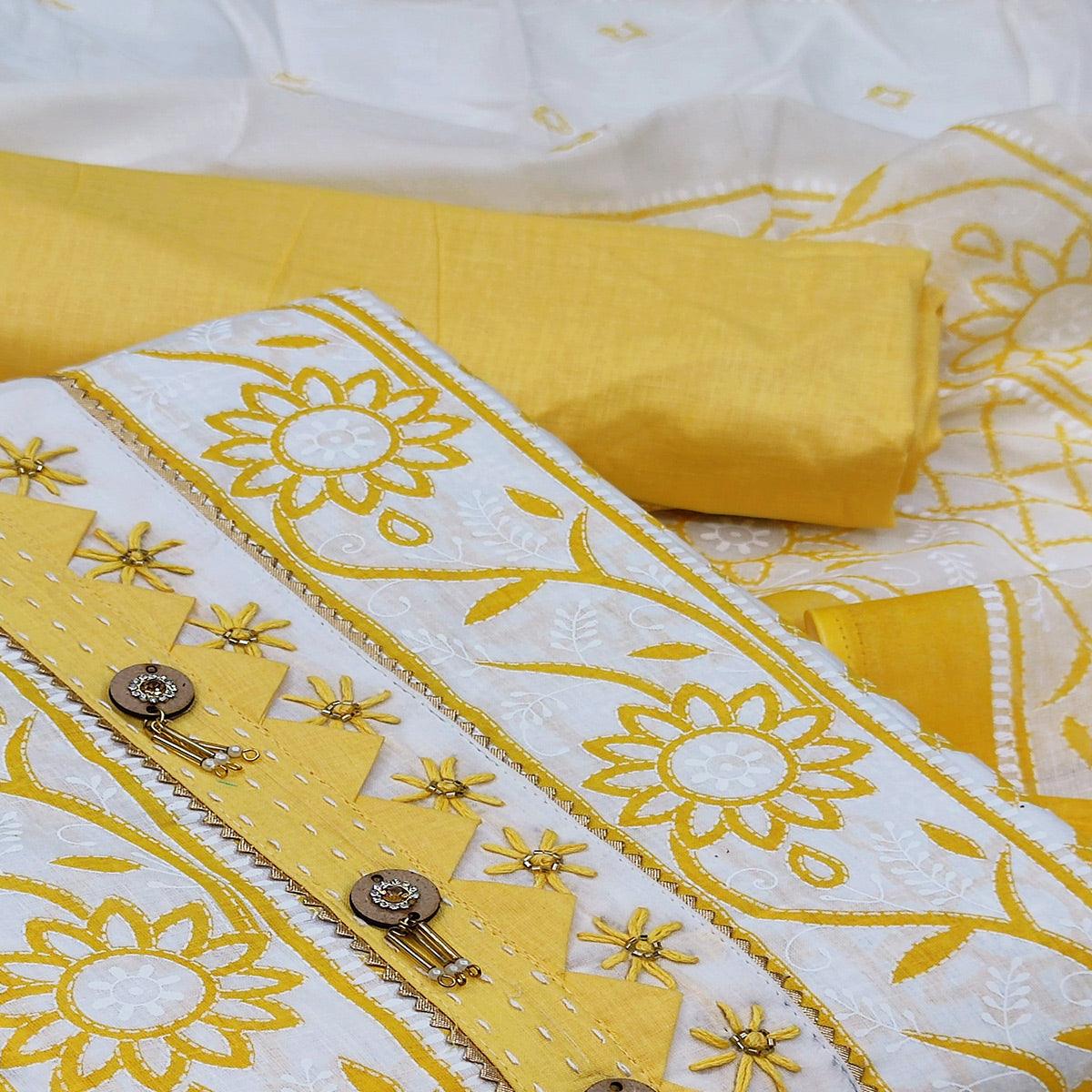 Yellow Casual Wear Printed Cotton Dress Material - Peachmode