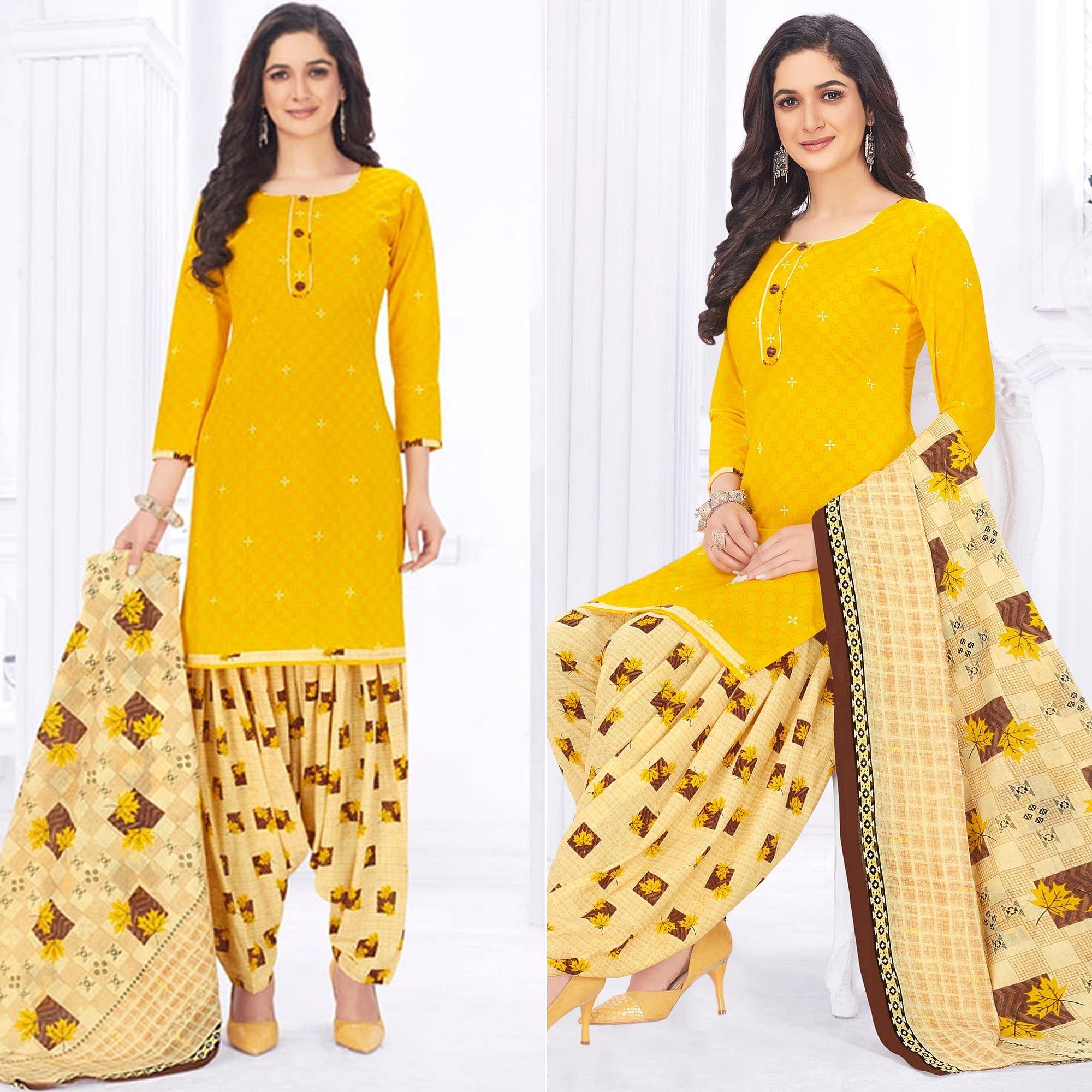 Yellow Casual Wear Printed Cotton Dress Material - Peachmode