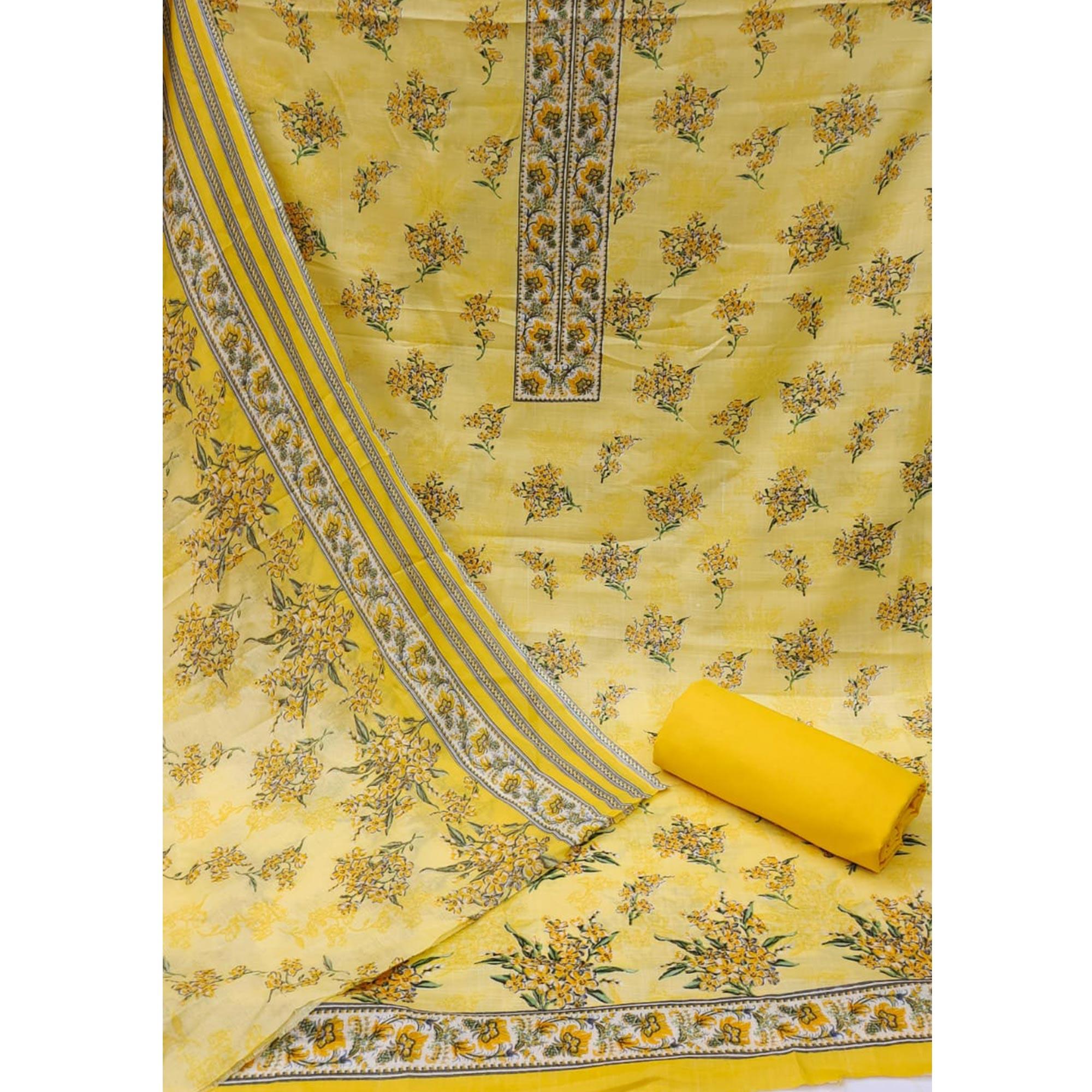 Yellow Casual Wear Printed Cotton Dress Material - Peachmode