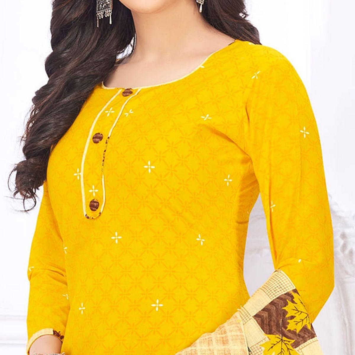 Yellow Casual Wear Printed Cotton Dress Material - Peachmode