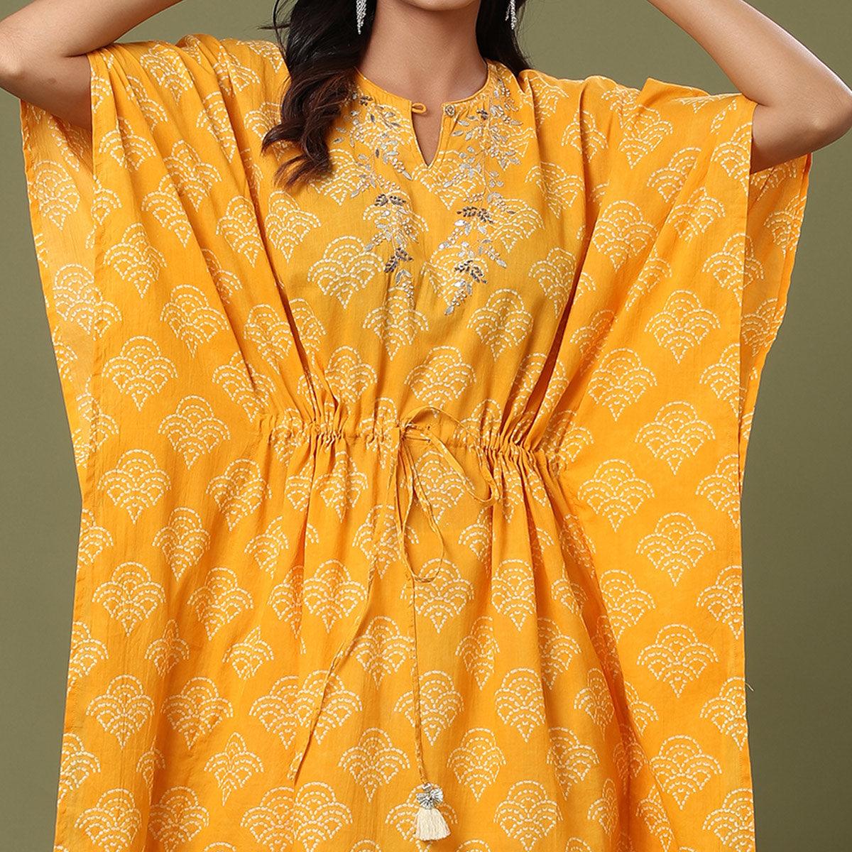Yellow Casual Wear Printed Cotton Kaftan - Pant Set - Peachmode