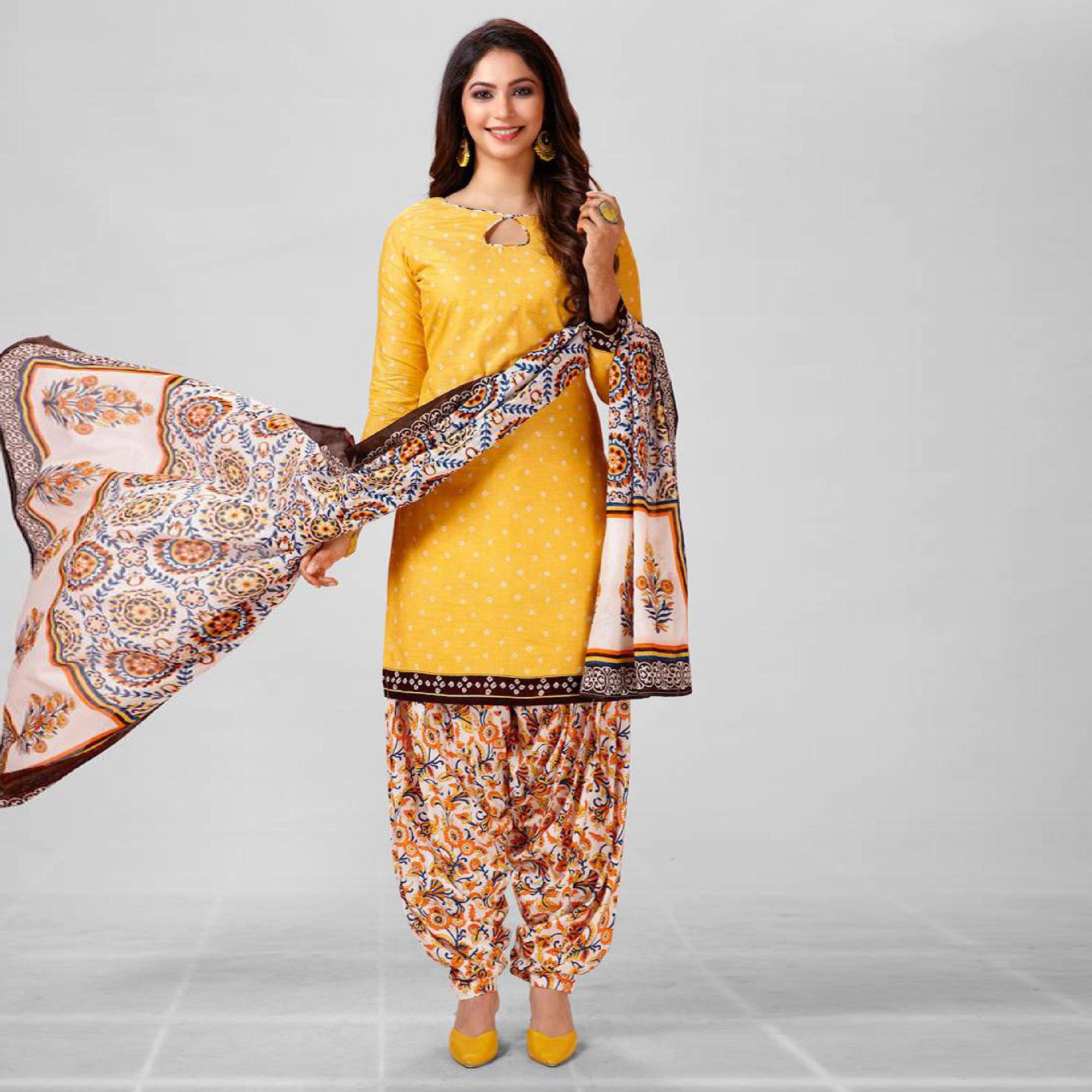 Yellow Casual Wear Printed Cotton Patiala Dress Material - Peachmode