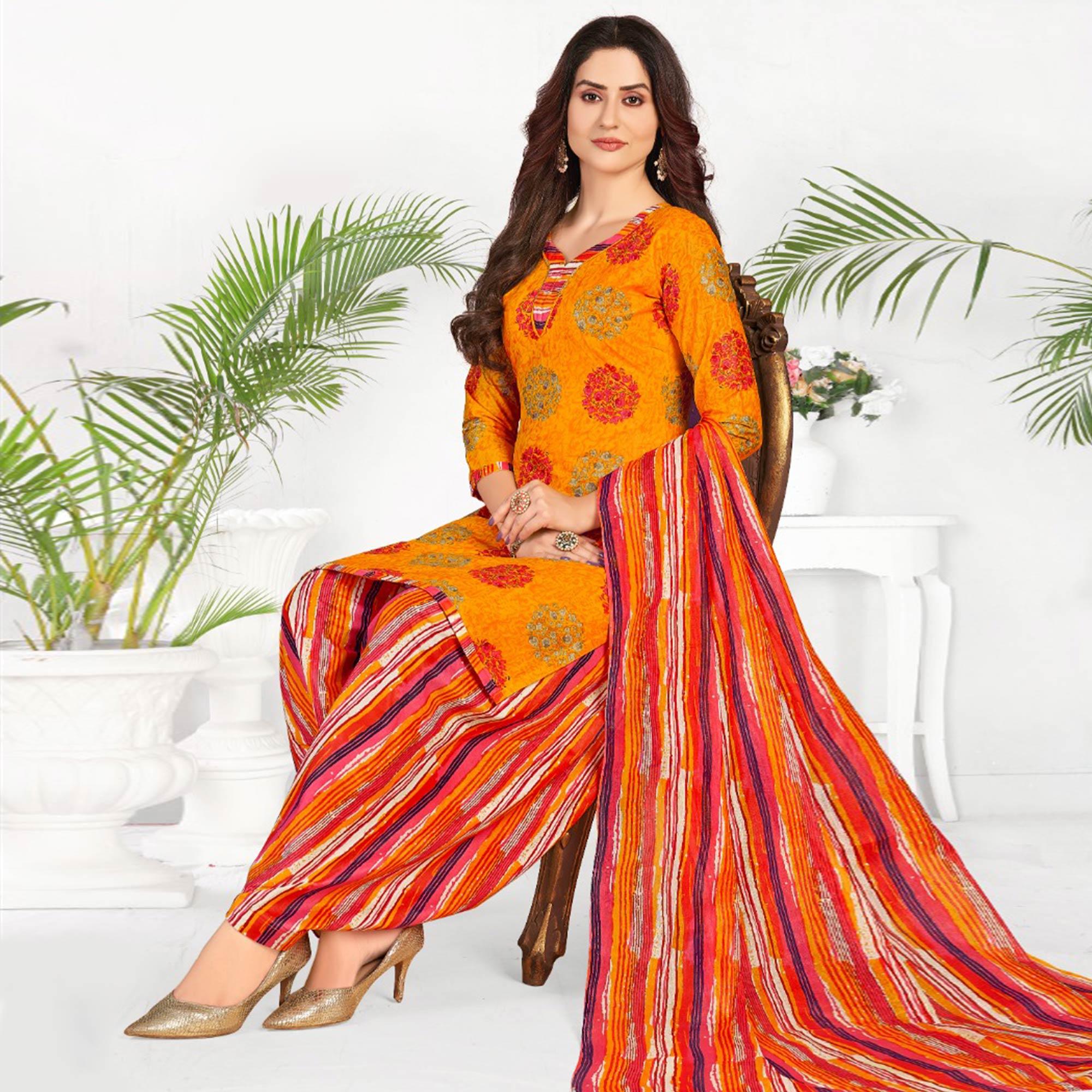 Yellow Casual Wear Printed Cotton Patiala Dress Material - Peachmode