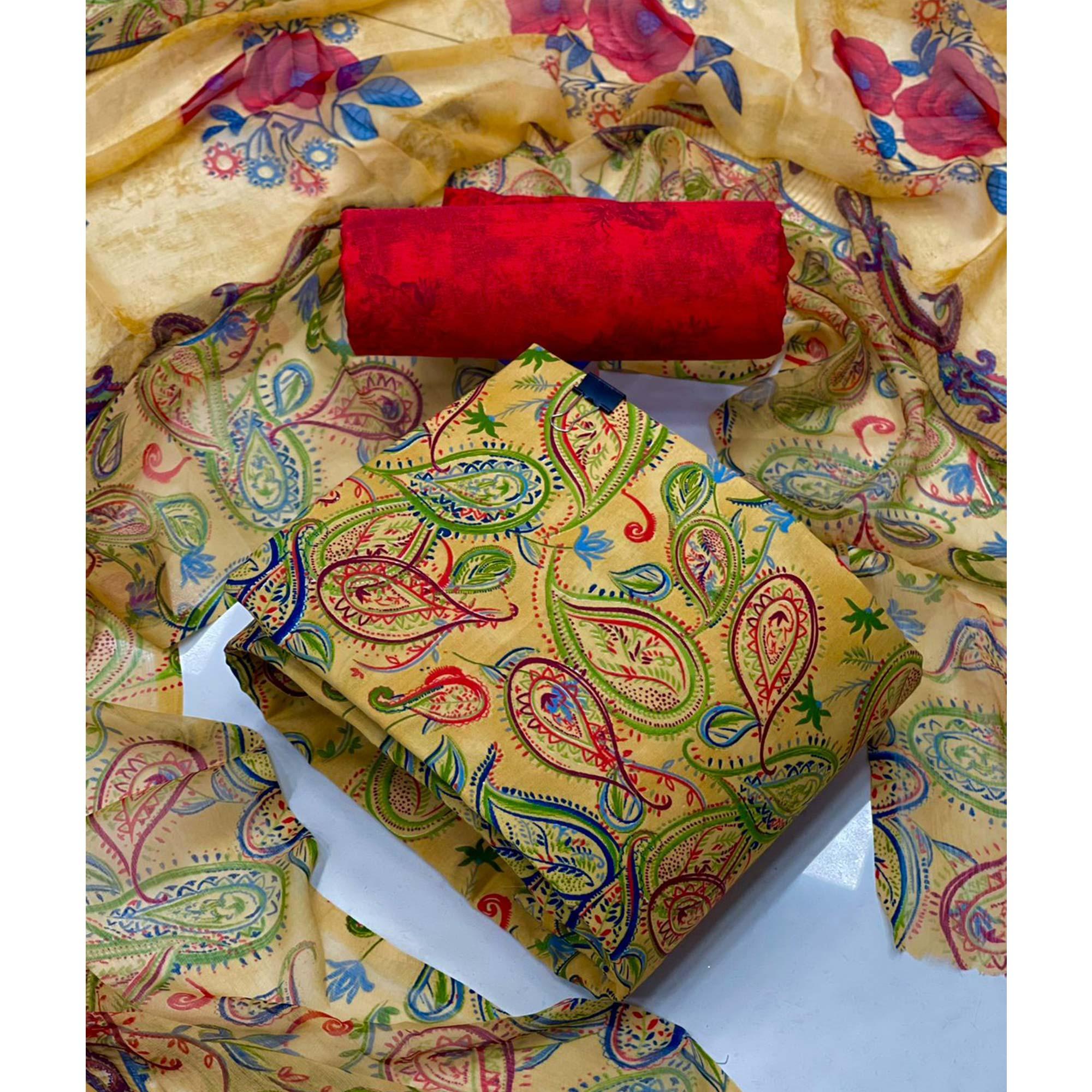 Yellow Casual Wear Printed Cotton Patiala Suit - Peachmode