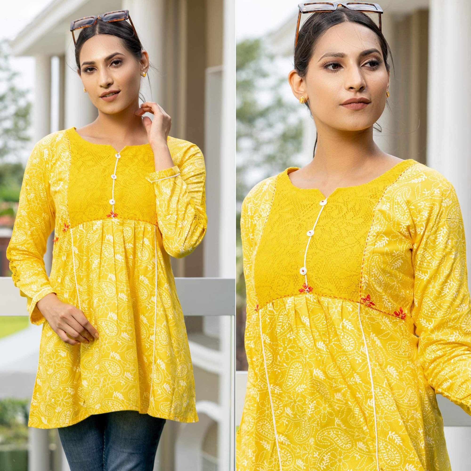 Yellow Casual Wear Printed Cotton Top - Peachmode