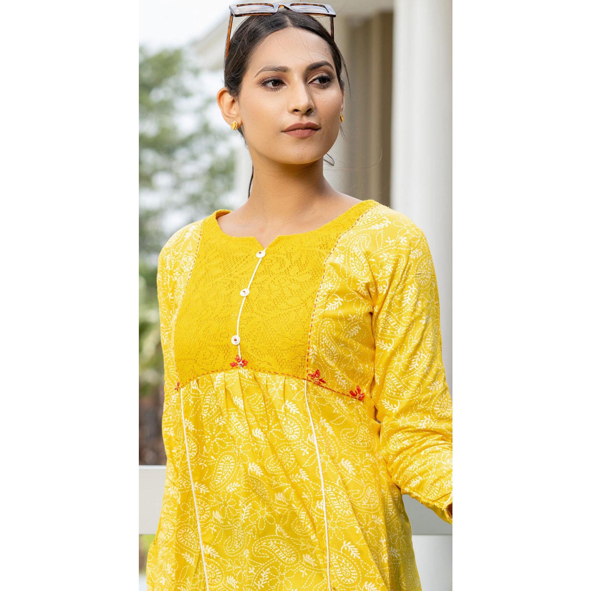 Yellow Casual Wear Printed Cotton Top - Peachmode