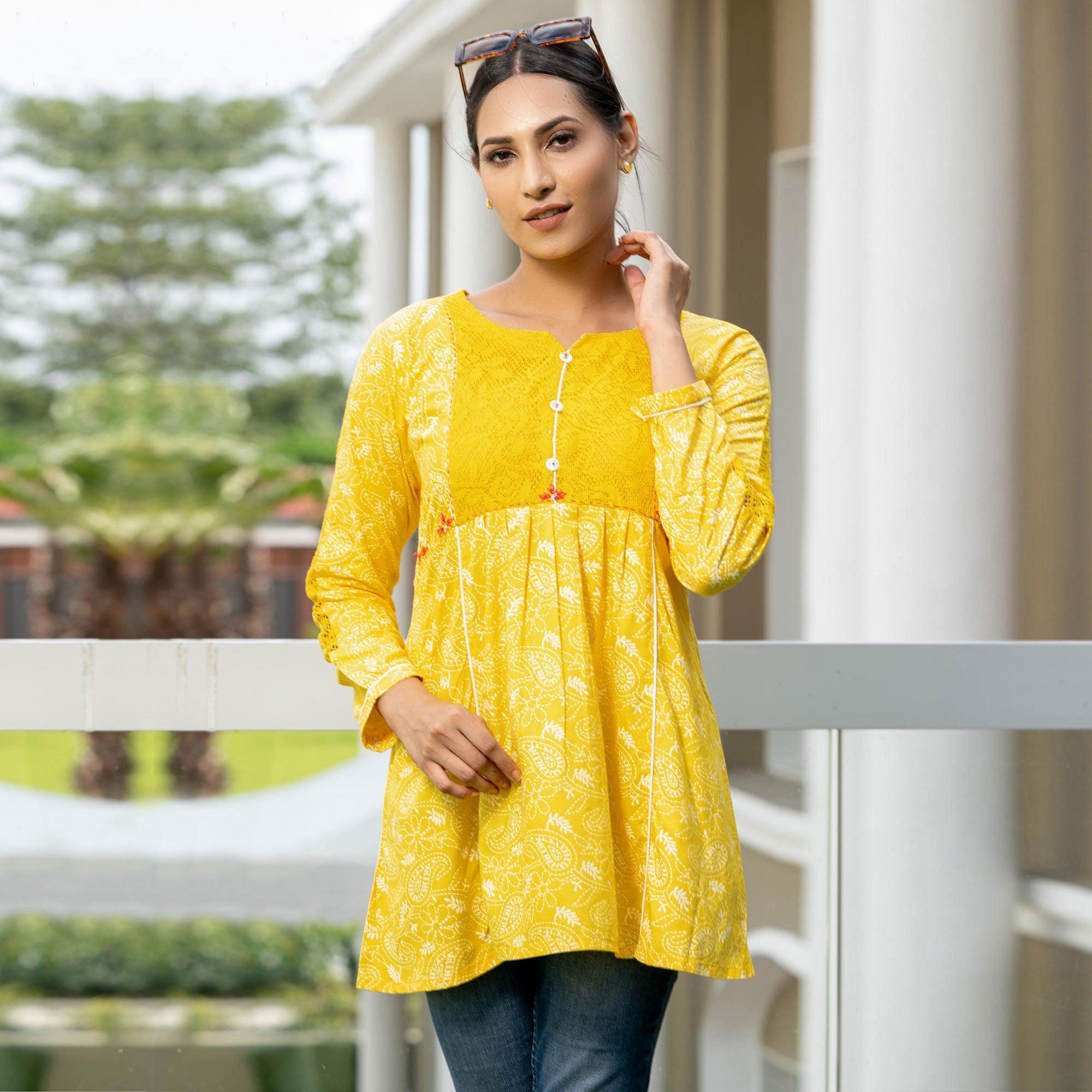 Yellow Casual Wear Printed Cotton Top - Peachmode