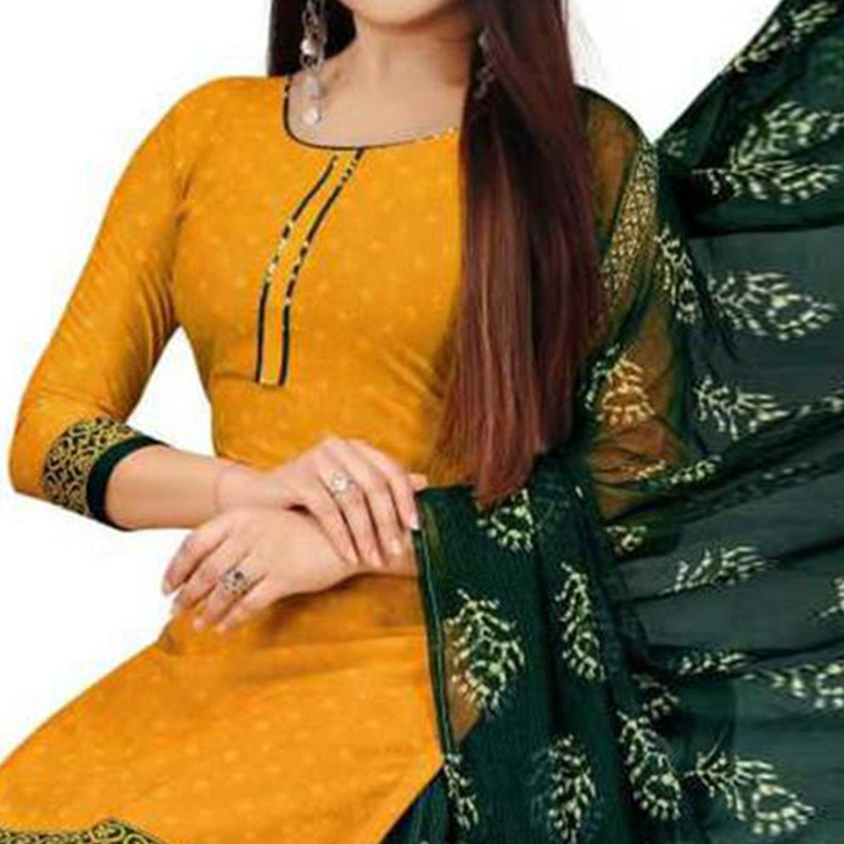 Yellow Casual Wear Printed Crepe Patiala Dress Material - Peachmode